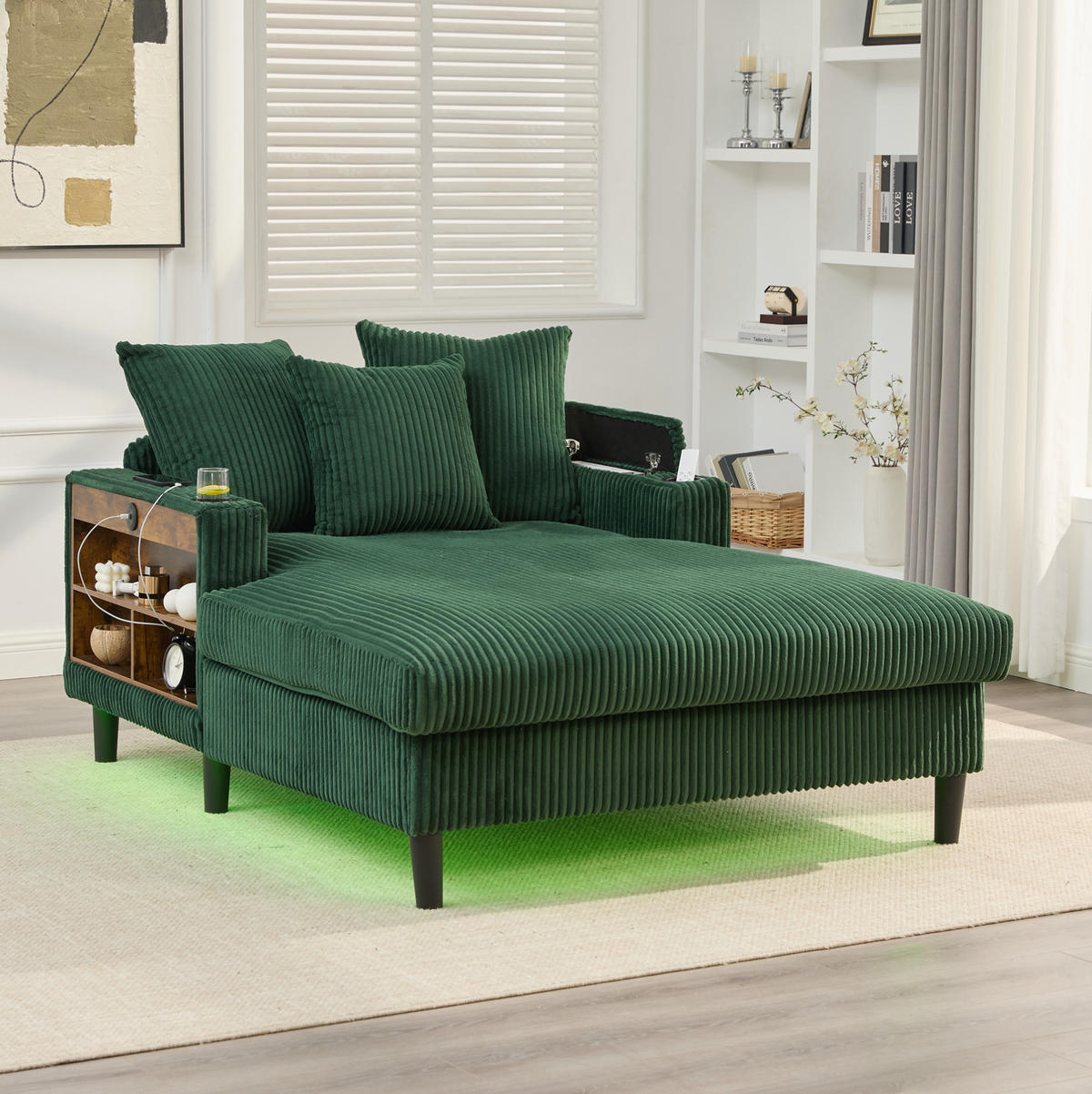 CHAISELONGUE mit LED, USB und Stauraum 129 x 170 cm Cord Emerald - Smaragdgrün, Holz (170/70/129cm) - Meubliv