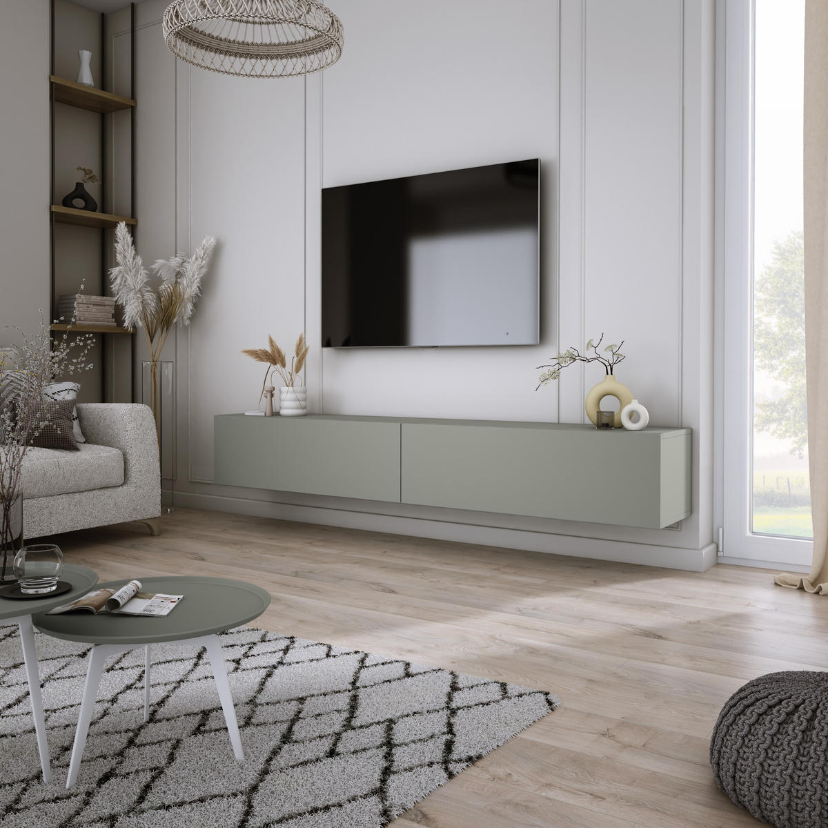 TV-SCHRANK : Aloe, 200 (2 x 100) x 34 x 32 cm - Grün, Holzwerkstoff (200/34/32cm) - 3XE LIVING