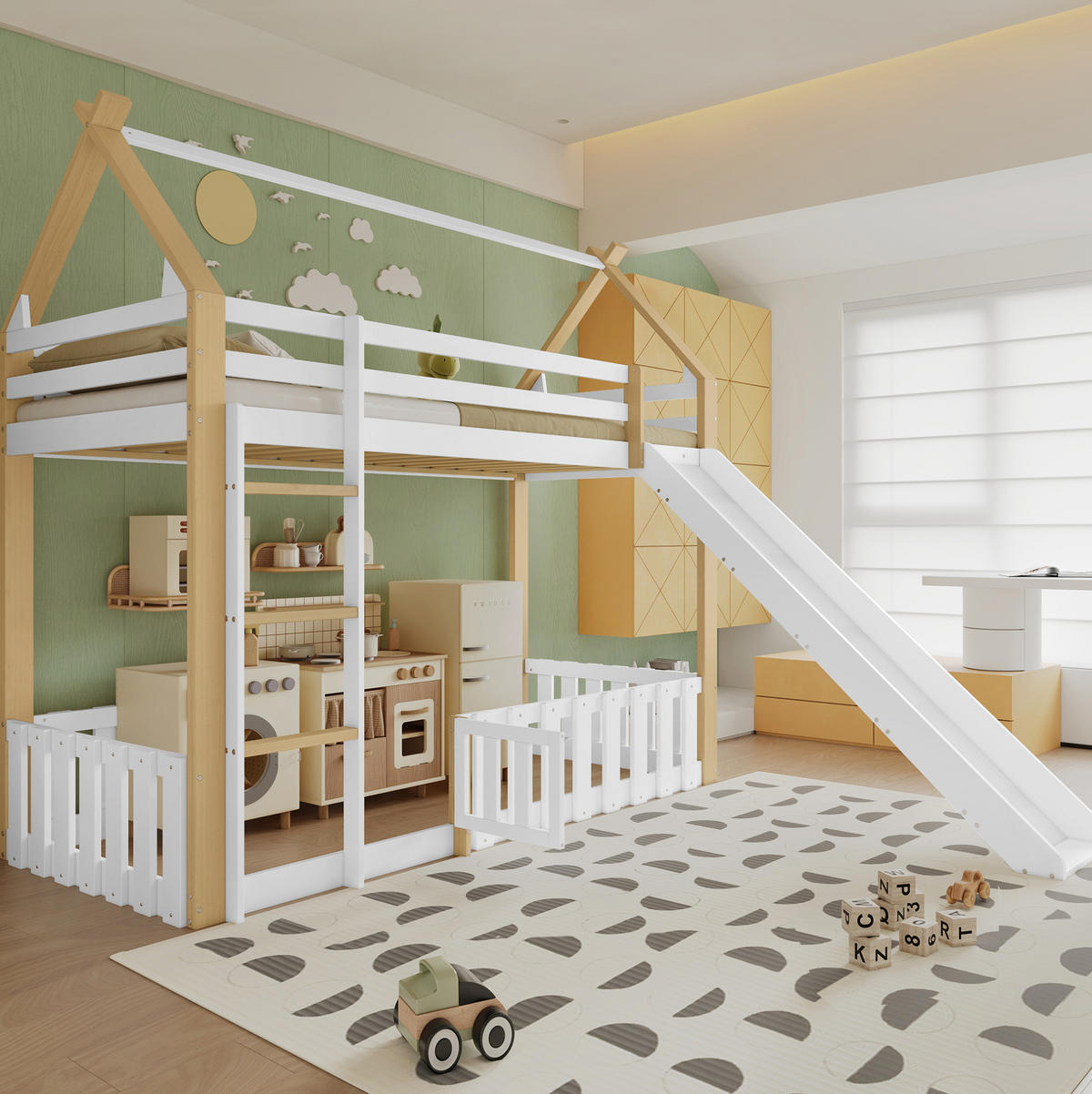 ETAGENBETT 90/200 cm aus Kiefer, MDF und Sperrholz mit Rutsche, Weiß/Natur - Naturfarben, Holz (90/200cm) - OKMYHOME