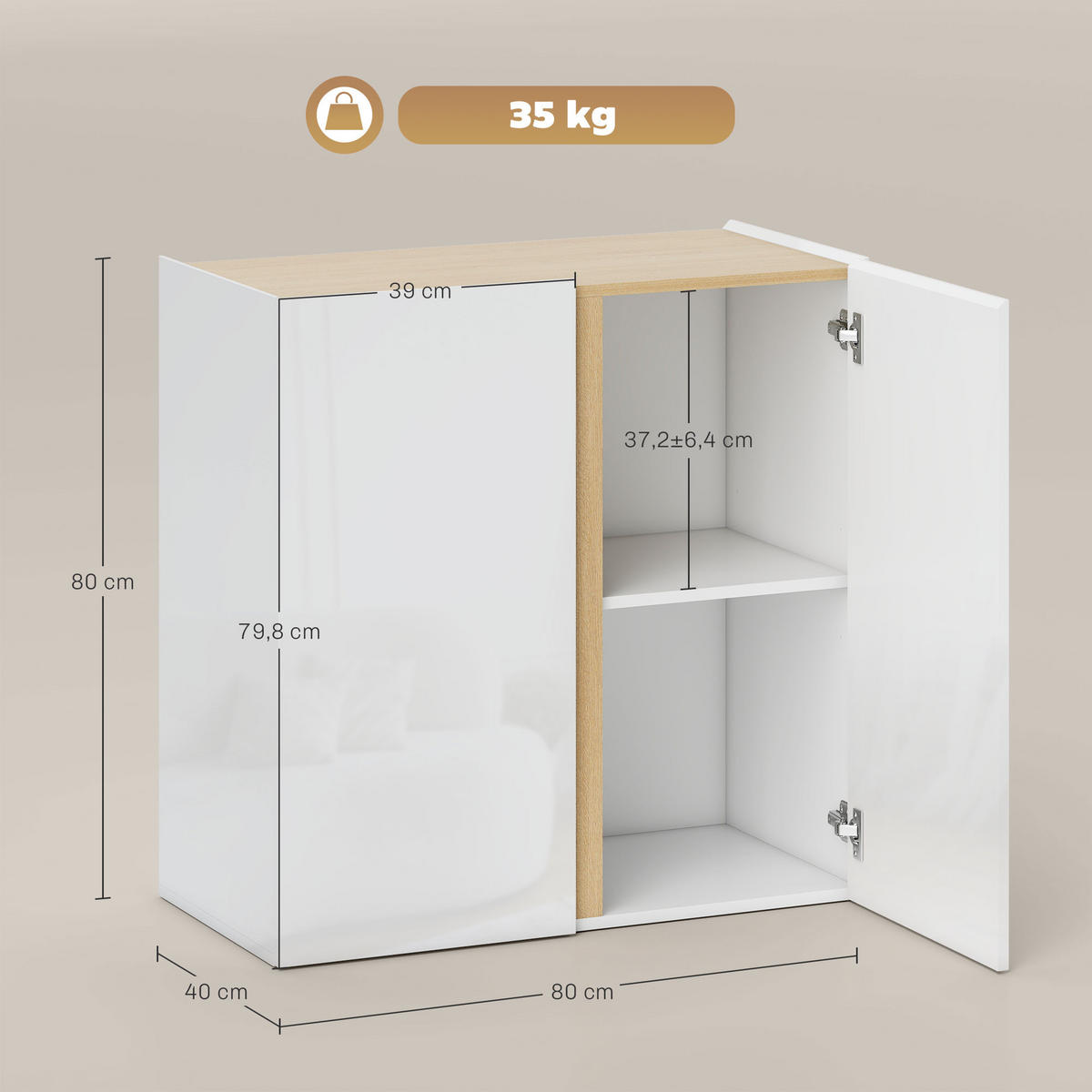 SIDEBOARD Küchenschrank mit 2 Soft-Close-Türen, Verstellbarer Einlegeboden - Weiß Hochglanz/Weiß, Holzwerkstoff/Kunststoff (40/80/80cm) - HOMCOM