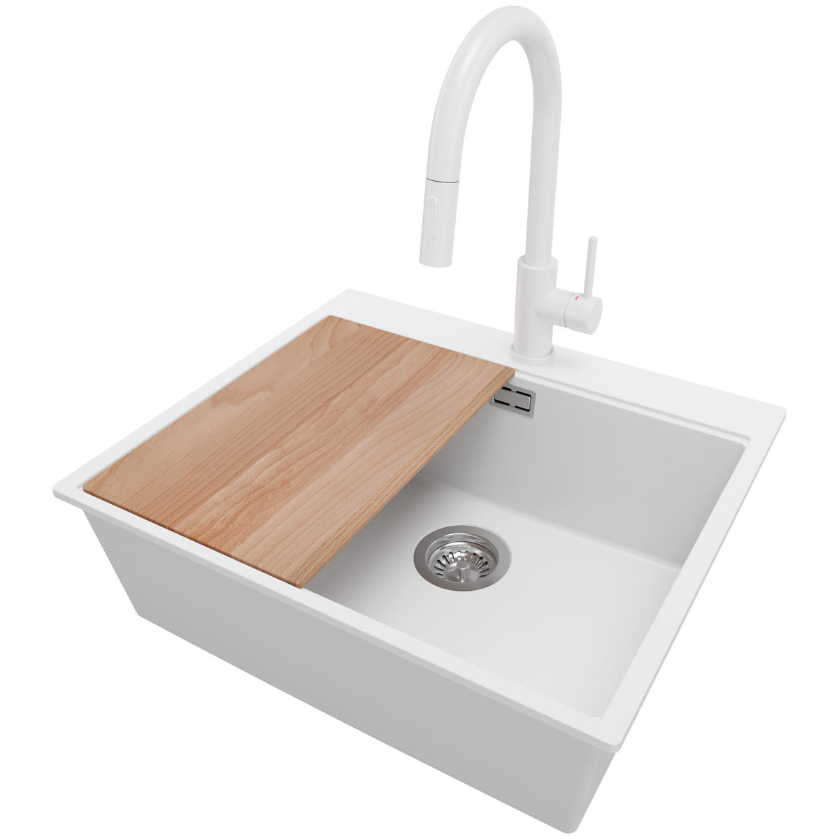 GRANITSPÜLE Oslo, 2-er set Weiß 58/50 cm 1 Becken + Küchenarmatur 40/20 cm + Ablauf-Set + Schneidebrett ab 60er Unterschrank - Chromfarben/Beige, Kunststoff (58/20/50cm) - Primagran