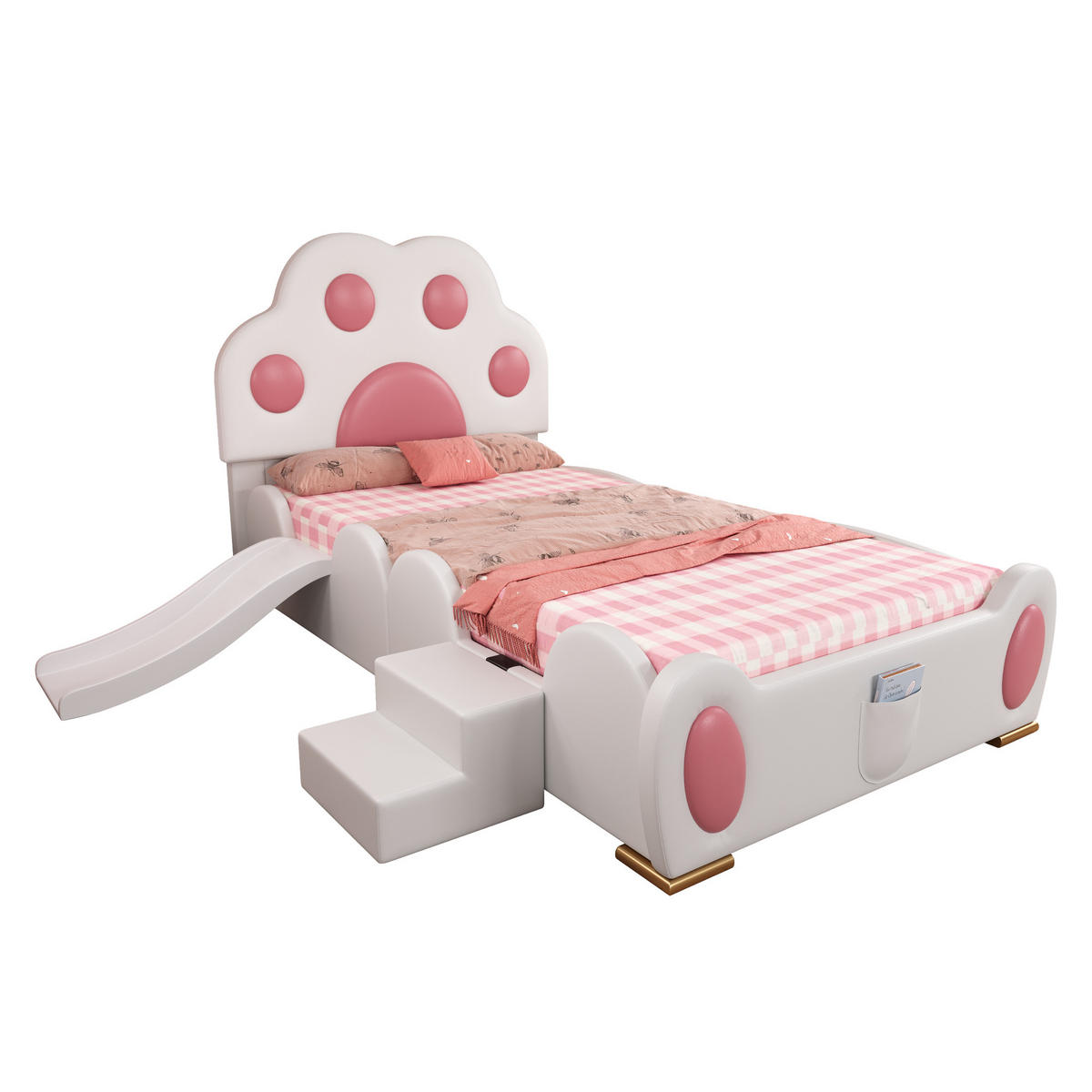 KINDERBETT 90/200 cm weiß und rosa aus PU mit Rutsche und Leiter - Weiß, Kunststoff (90/200cm) - OKWISH