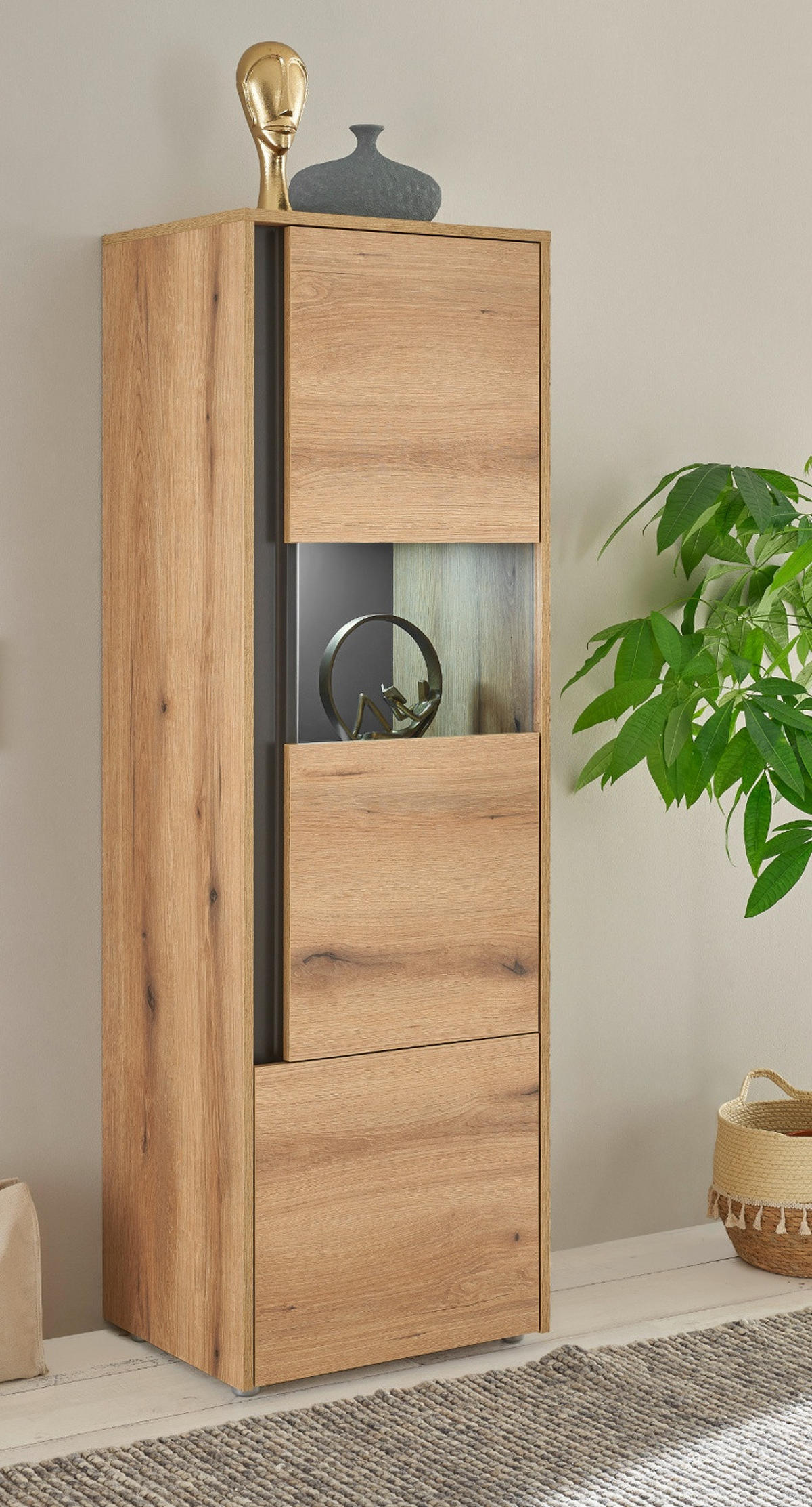 VITRINE Eiche Evoke 50 x 155 cm, Vitrinenschrank 2-türig mit 4 Fächern - Eichefarben/Schwarz, Glas/Holzwerkstoff (50/155/40cm) - Furn.Design