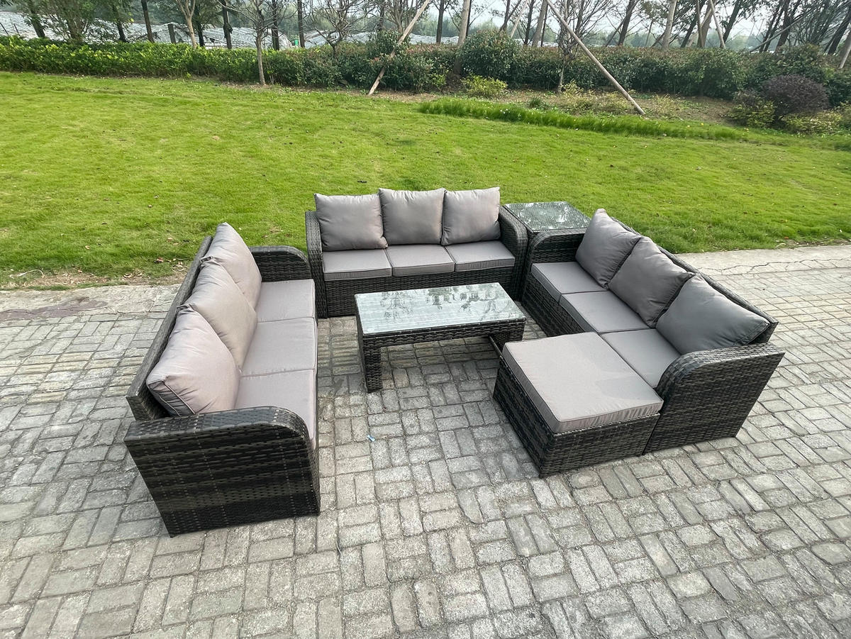 GARTENSOFA SET mit rechteckigem COUCHTISCH Polyrattan 10-Sitzer Dunkelgrau - Dunkelgrau/Grau, Glas/Kunststoff - Fimous