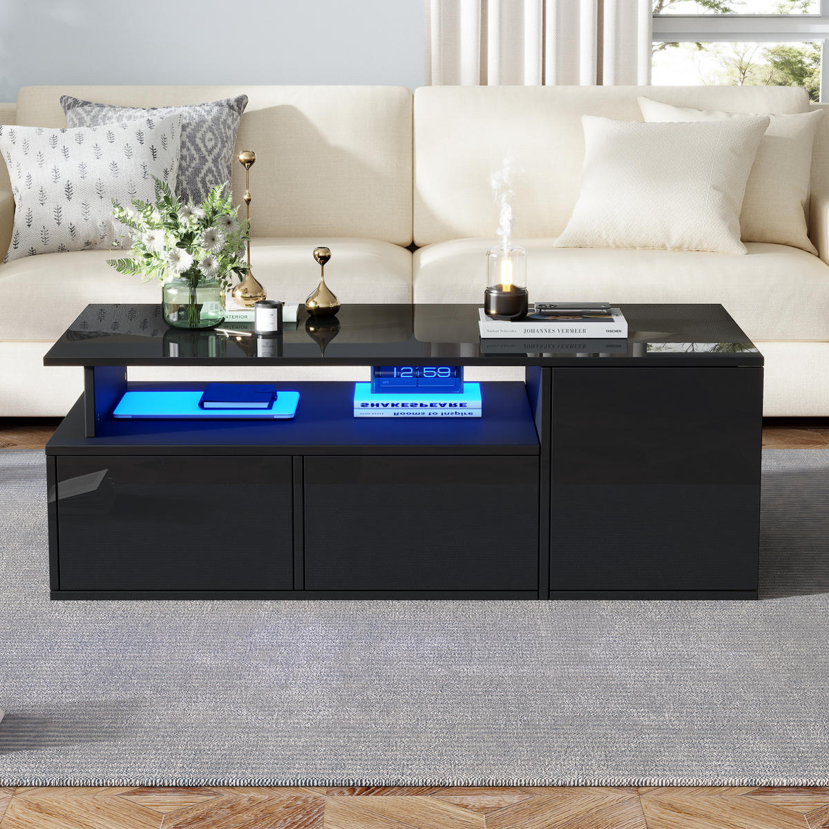 COUCHTISCH 100/50/35 cm in Schwarz mit LED-Beleuchtung und 2 Schubladen - Schwarz, Holzwerkstoff (100/50/35cm) - Flora Grace