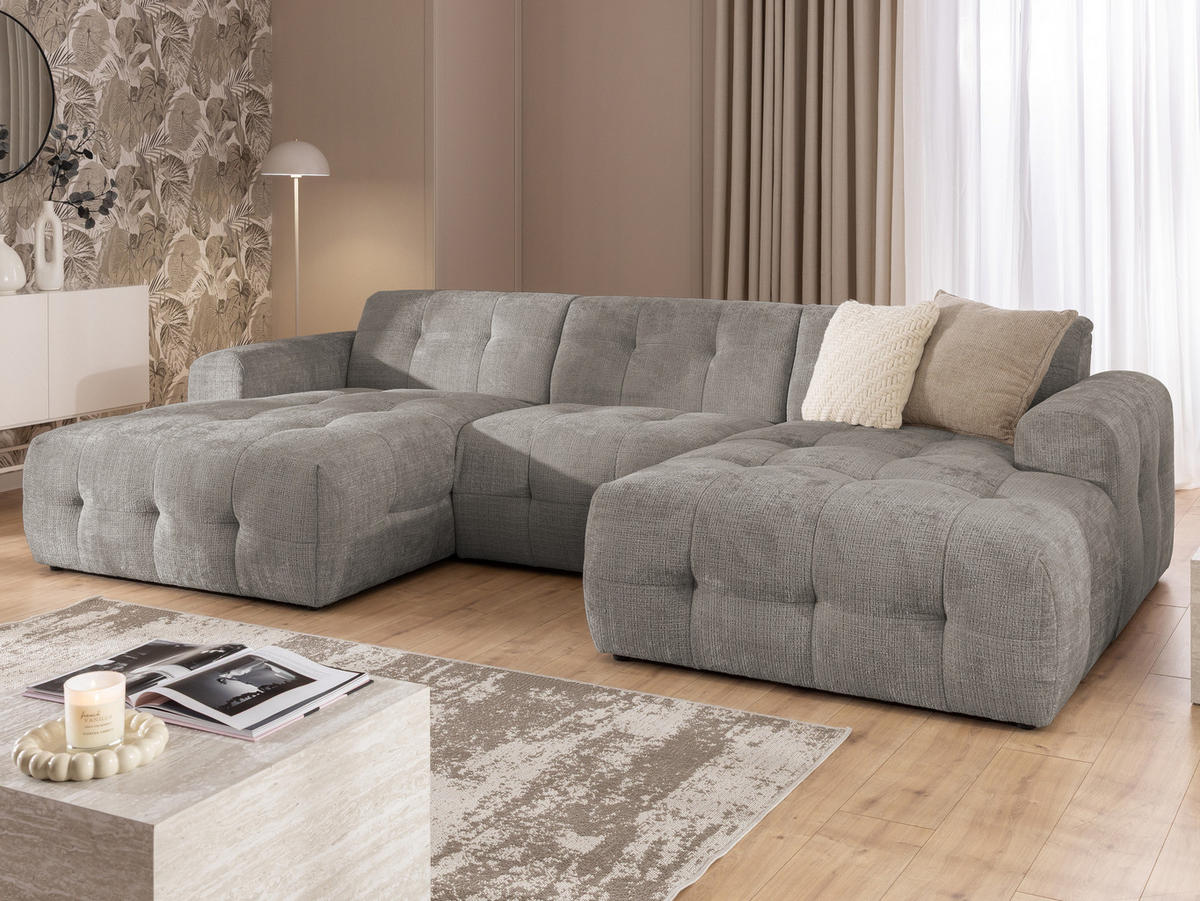 WOHNLANDSCHAFT Kozy im Bumpy-Design mit fester Rückenlehne aus weichem Taupe Chenille-Stoff - Taupe/Schwarz, Holz/Kunststoff (323/79/161cm) - S-Style Möbel