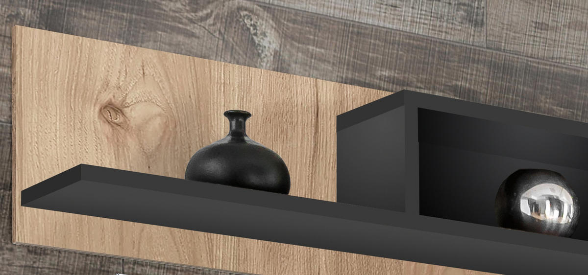 WOHNWAND Eiche Hickory, schwarz 340 cm, Schrankwand mit Kamin, inkl. LED-Beleuchtung - Eichefarben/Schwarz, Glas/Holzwerkstoff (340/197/50cm) - Inn.Furn