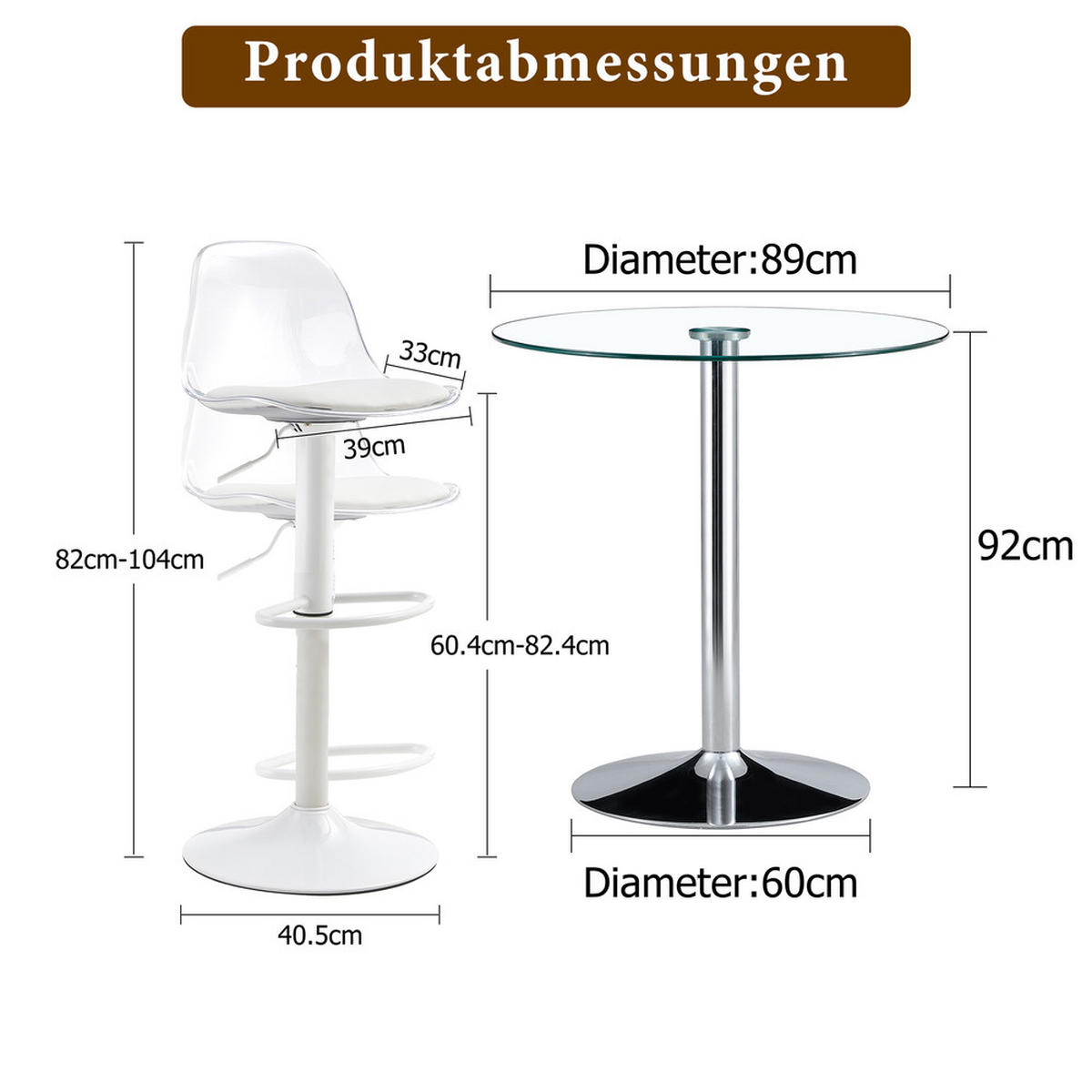 TISCHGRUPPE 3-tlg Glastisch 89 cm mit 2 Barhockern Höhenverstellbar Drehbar - Transparent, Glas/Metall (49.5/50/51cm) - Raelunyi