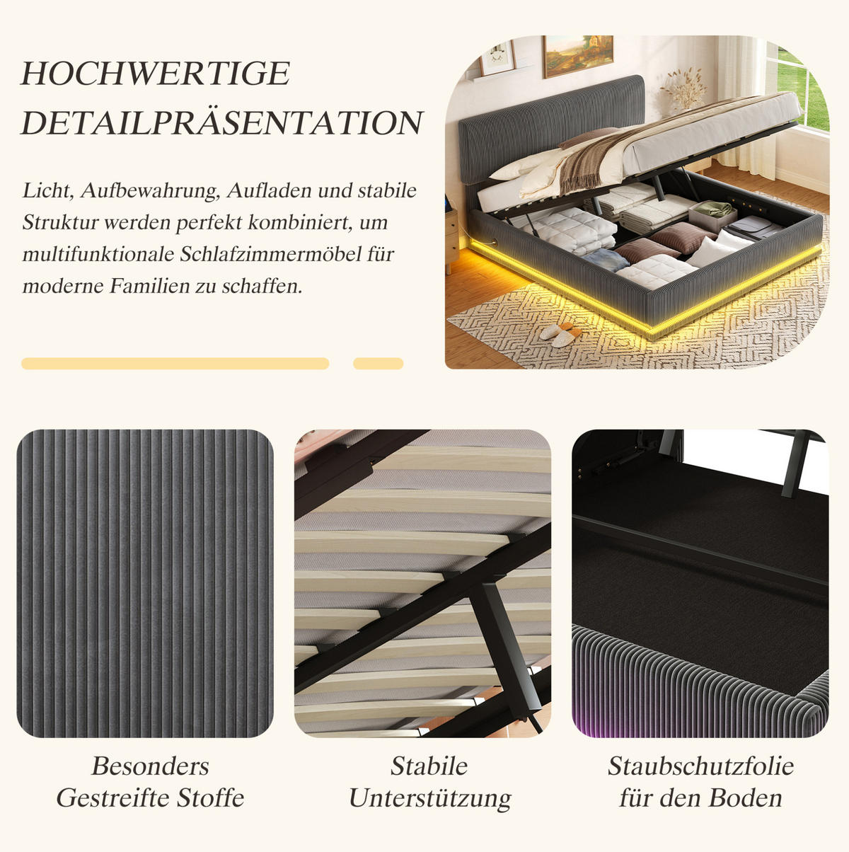 POLSTERBETT mit LED und USB-C 140x200 cm Cord Dark Grey - Dunkelgrau, Metall (140/200cm) - Meubliv