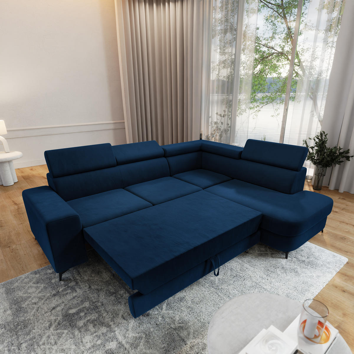 ECKSOFA ALVORO R-S Blau Velours-Stoff mit Schlaffunktion - Blau, Holz (253/190cm) - MASSENO