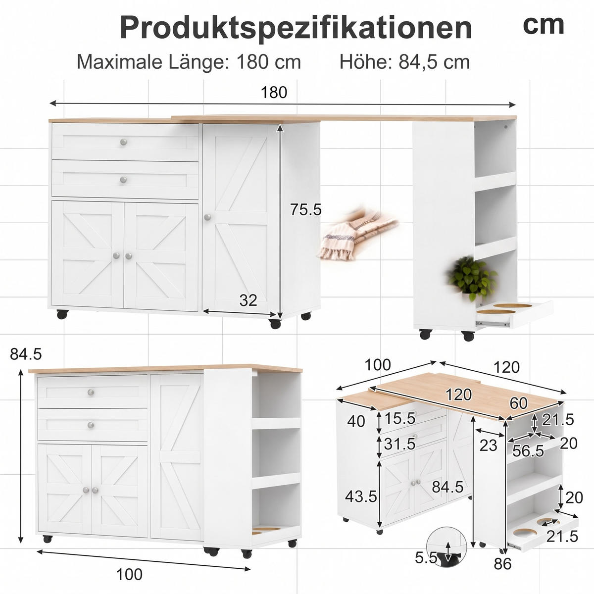 KÜCHENINSEL auf Rollen 100/60/84.5 cm Weiß mit ausziehbarer Arbeitsplatte, 2 Schubladen und Katzenfutterstation - Schwarz/Weiß, Holz/Holzwerkstoff (120/86/60cm) - Oxeza