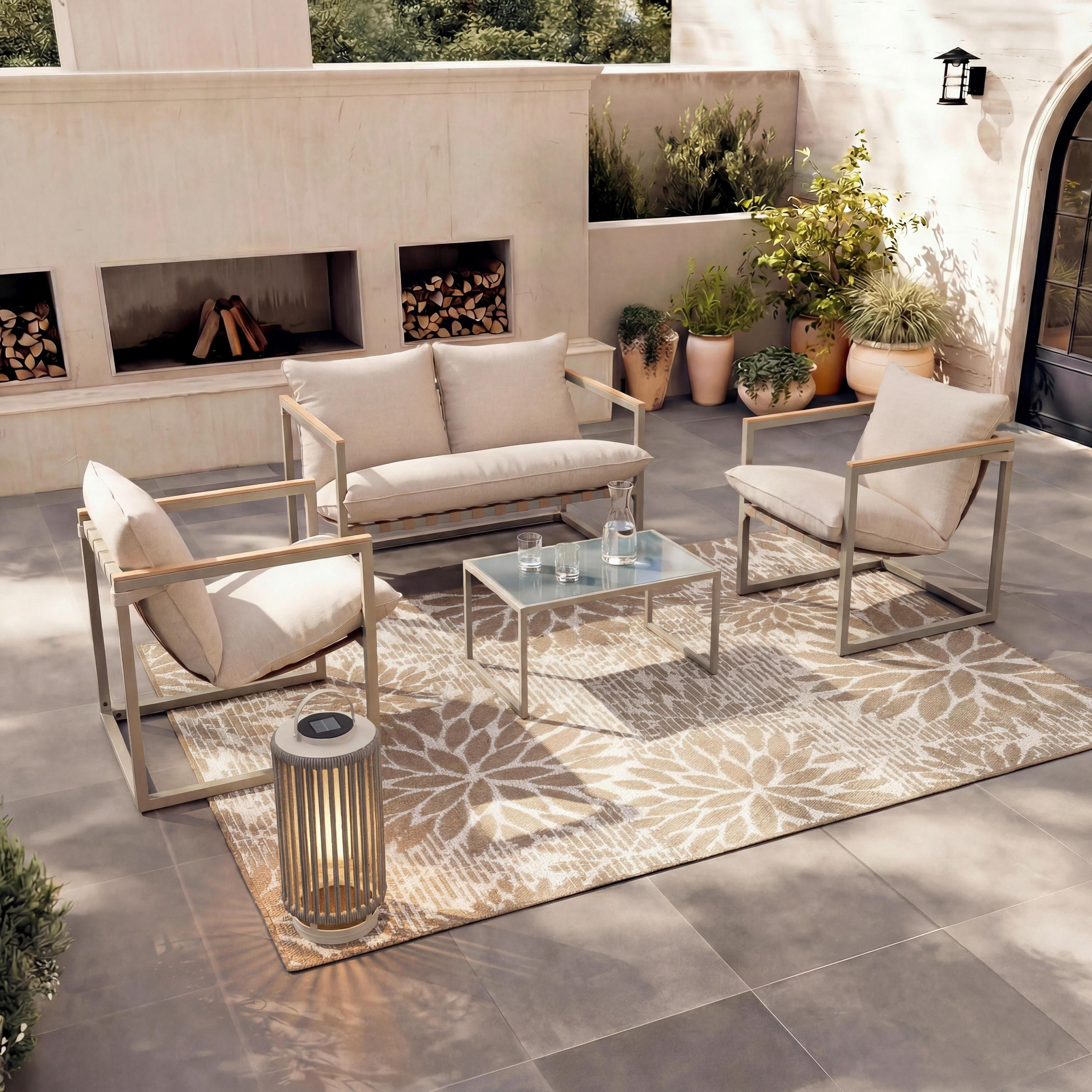 LOUNGEGARNITUR Lara Creme Metall/Outdoorstoff +Abdeckung - Creme, Metall