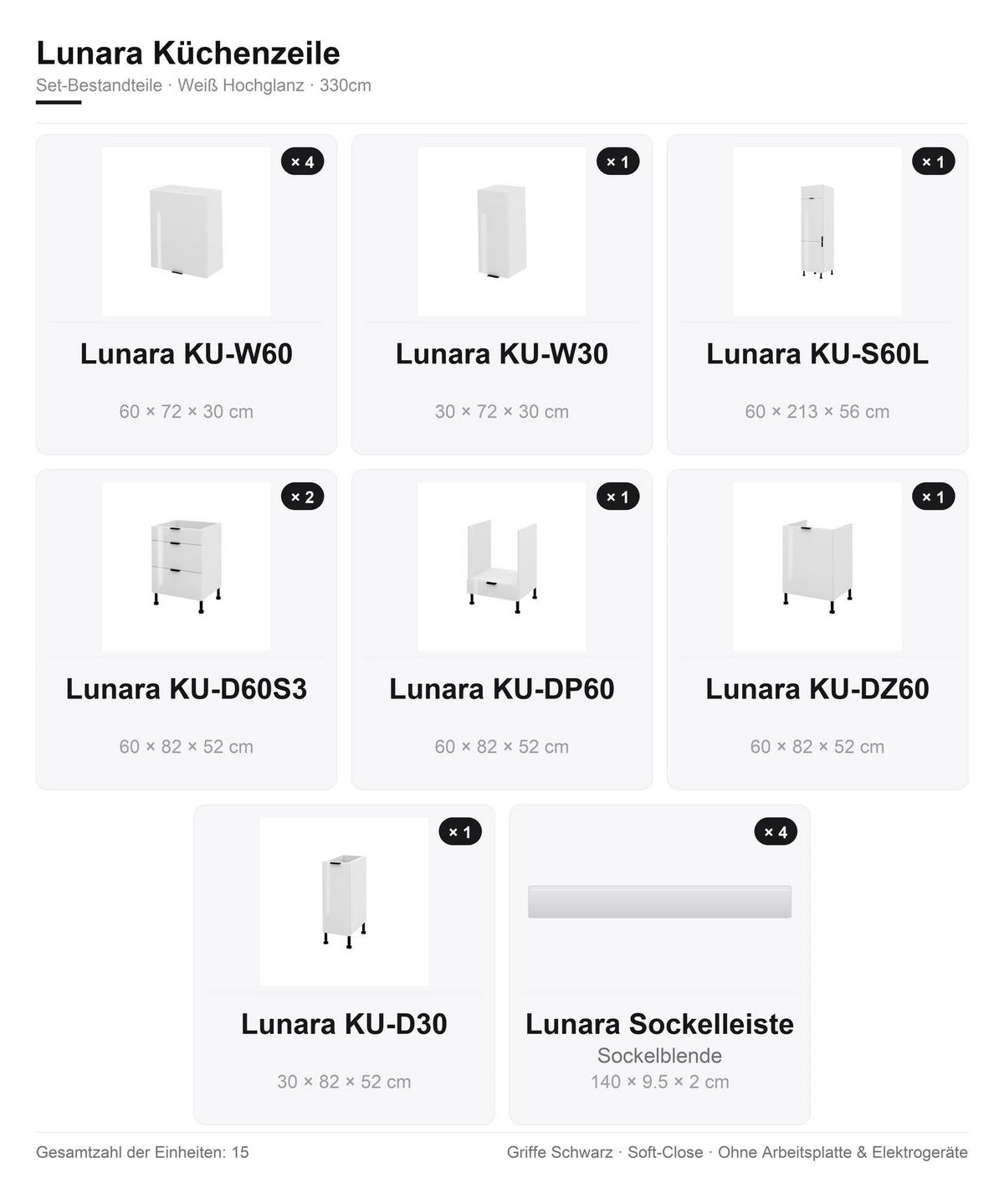 KÜCHENZEILE – 330 cm – KU-SA08 – Lunara – Weiß Hochglanz – ohne E-Geräte - Weiß Hochglanz/Schwarz, Holzwerkstoff/Metall (330/213/56cm) - hi-markt