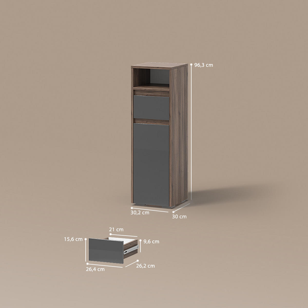 MIDISCHRANK Savuto Anthrazit Hochglanz 30.2 x 96.3 cm - Schwarz Hochglanz/Walnussfarben, Holzwerkstoff (30.2/96.3/30cm) - Livinity®