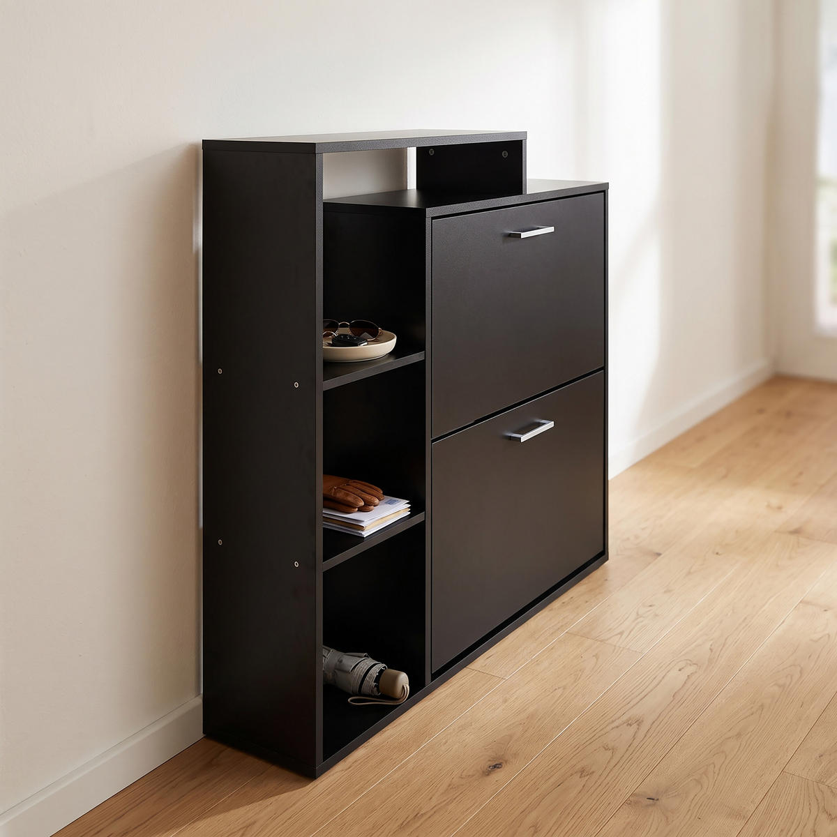 SCHUHSCHRANK Schwarz industriell 2 Klappen 90x80x23,5 cm - Schwarz, Holzwerkstoff/Kunststoff (80/90/23.5cm) - Relaxdays