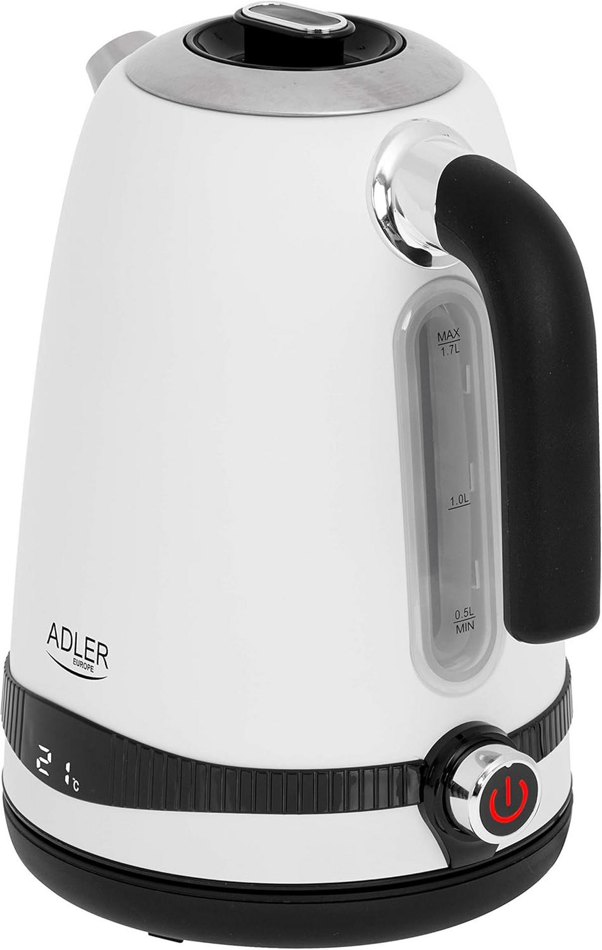 WASSERKOCHER – ADLER AD1295W – Edelstahl 2200 W, 1,7 L, Temperaturregelung 40-100°C, LCD Display, BPA-frei, 360° Sockel, Temperaturhaltefunktion - Weiß, Glas/Kunststoff (22/26.5/19cm) - Adler