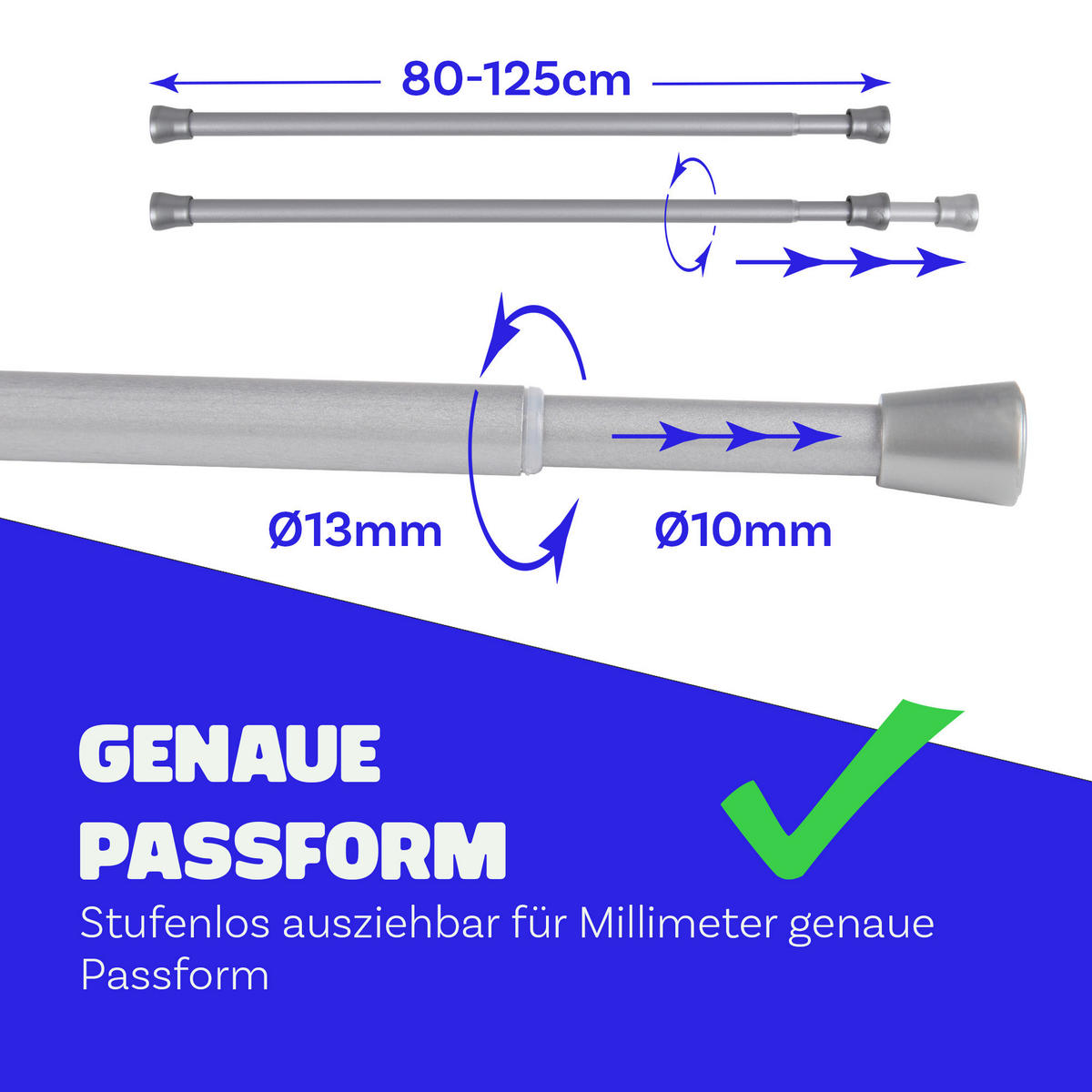 VERSTELLBARE Vorhangstange - Spannstange zum Klemmen Silber Ø10/13 mm 80-125 cm - Silberfarben, Metall (80cm) - Bestlivings
