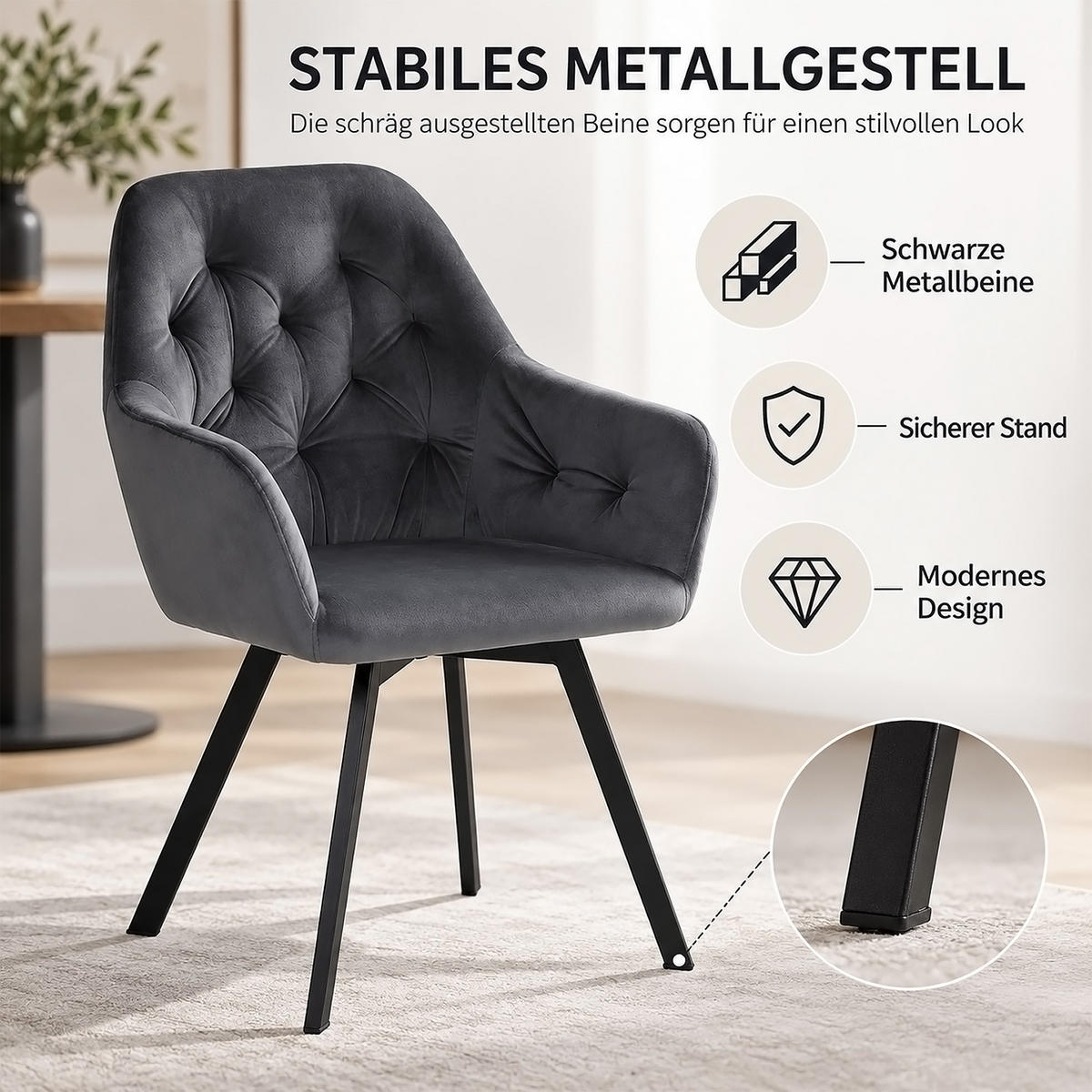 ARMLEHNSTUHL-SET 2 Stück in Stahl Samt Grau drehbar - Schwarz/Grau, Textil/Metall (59/88/65cm) - Homestyle4u