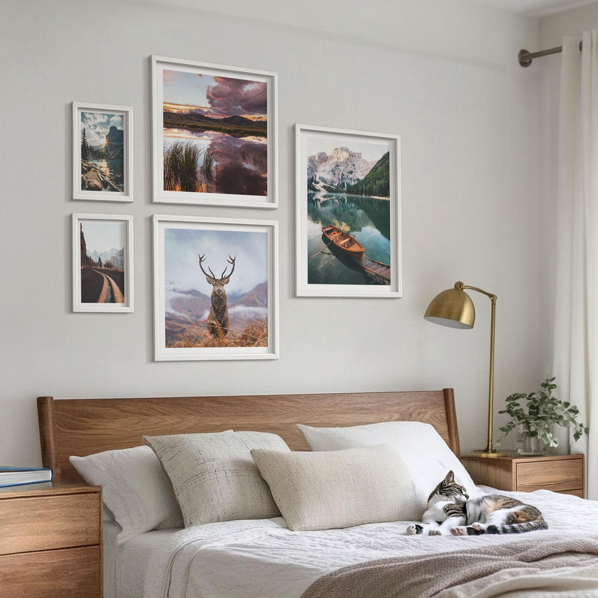 WANDBILDER 5er-Set - 50x50 cm & 20x30 cm & 40x60 cm Weißer Rahmen - Bergsee, Bootsfahrt, Sonnenuntergang, Hirsche - Weiß, Kunststoff (40/60cm) - ArtPrintCave