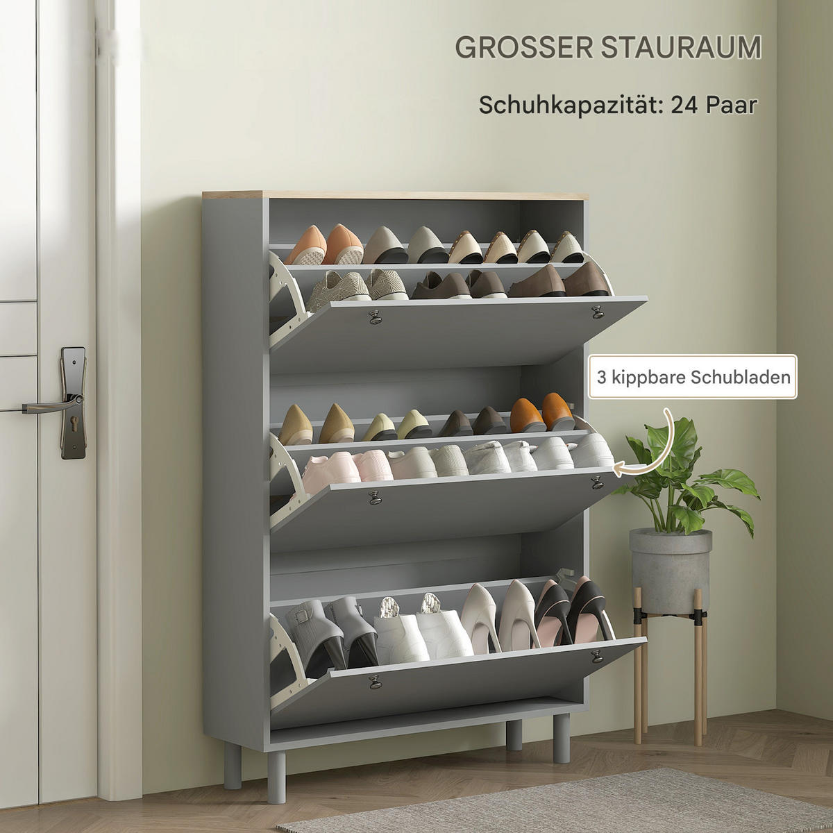 SCHUHSCHRANK für 24 Paar Schuhe mit 3 Klappschubladen und verstellbaren Einlegeböden, 80 x 23,5 x 121 cm, grau - Grau, Holzwerkstoff (80/121/23.5cm) - HOMCOM