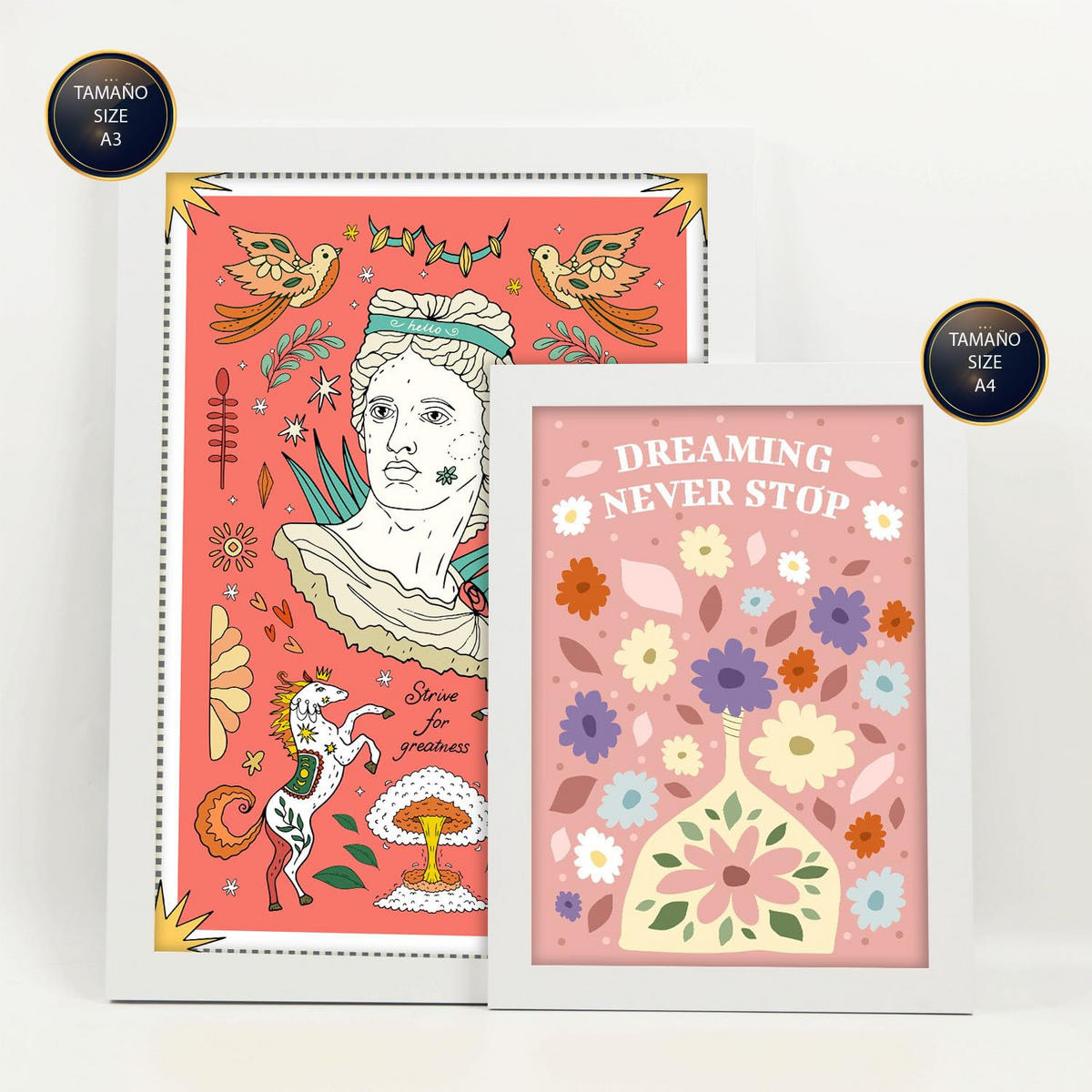 POSTER Set Mit 6 Drucken Von Pink In Brilliant Groovy Style Postersammlung Dekorative Rahmen Für Ihr Zuhause Wandkunstdruck A3 & A4 Weißer Rahmen - Weiß, Papier (29/3cm) - Nacnic
