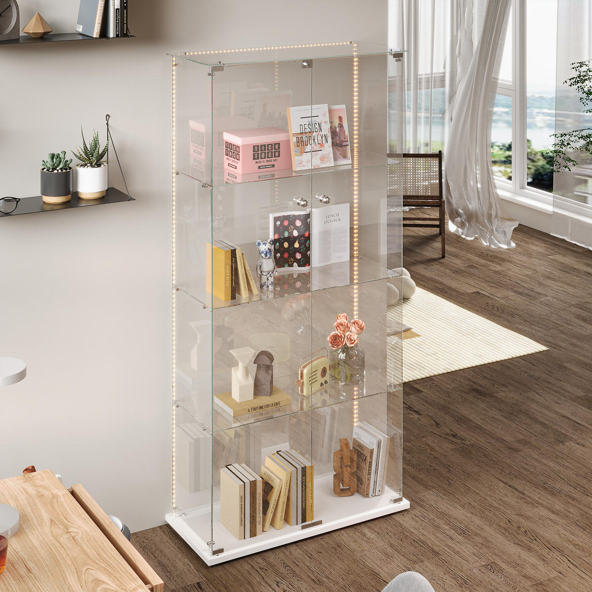 VITRINE Glas LED, 4 Einlegeböden, Doppeltür, Weiß - Weiß, Holz (35/163/78.5cm)