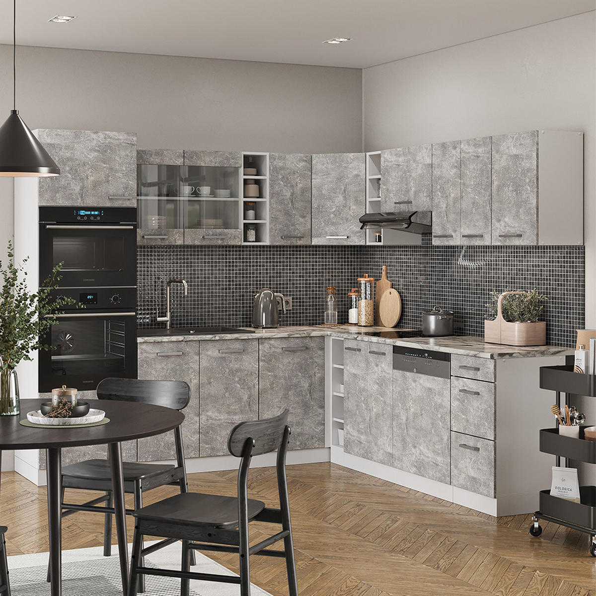ECKKÜCHE R-Line Beton/Weiß 237 x 247 cm, AP Anthrazit - Schieferfarben/Weiß, Holzwerkstoff (247/81.6/60cm) - Vicco