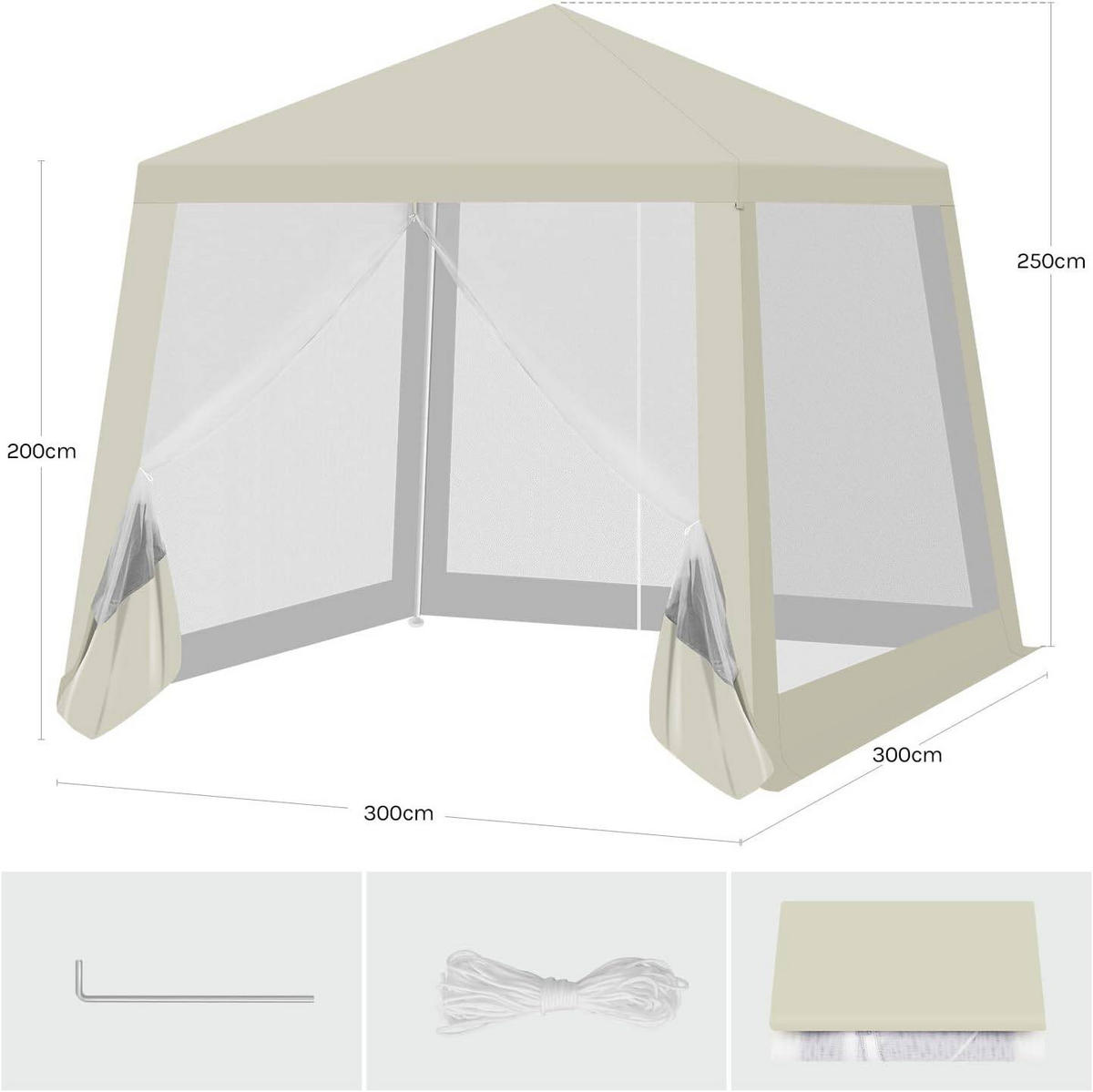 PAVILLON 3x3 m, Gartenpavillon mit Seitenwänden Moskitonetz - Beige, Metall (300/250/300cm) - Woltu