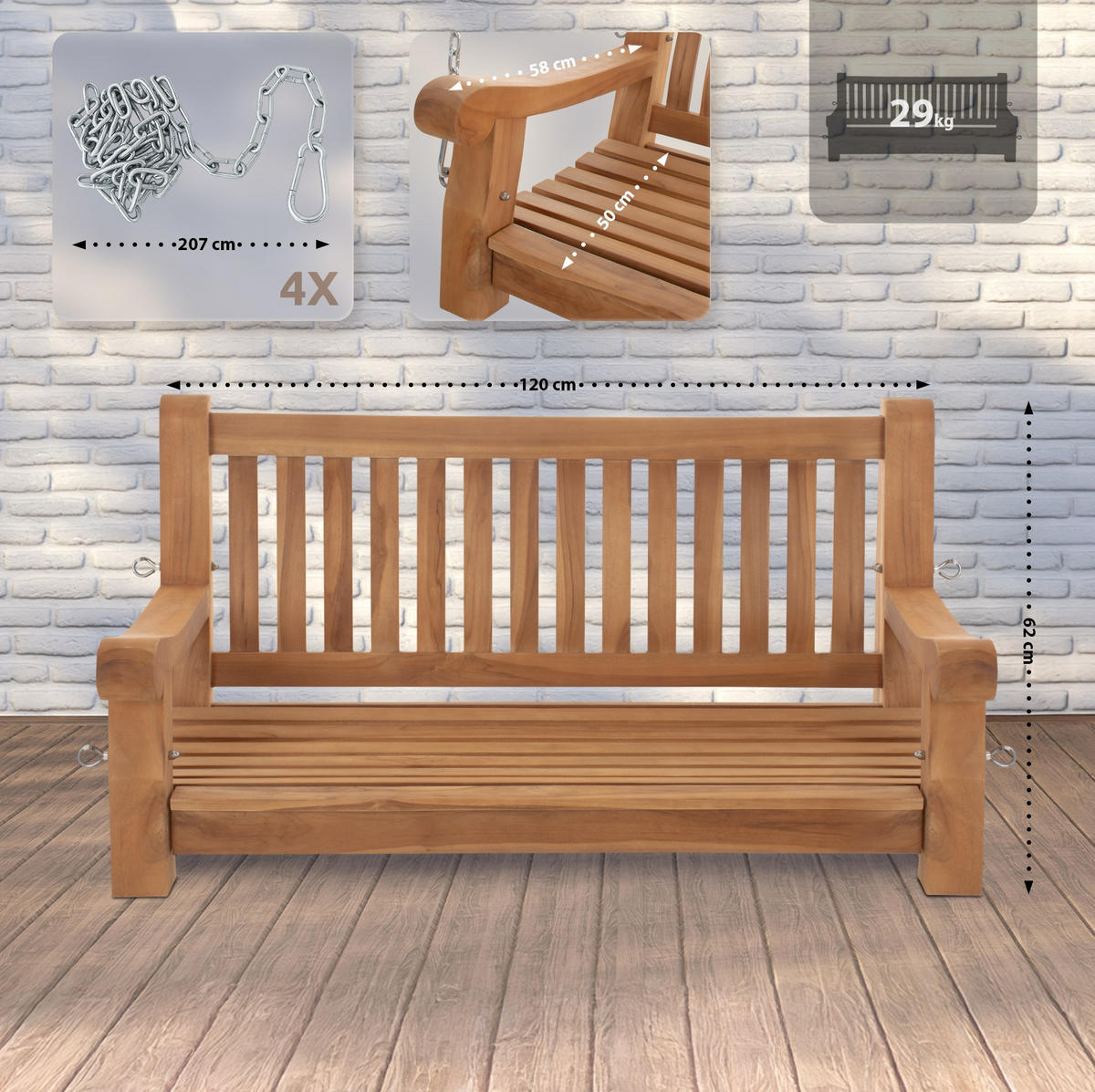 SCHAUKELBANK Muver Holz Teak Hängebank - Teakfarben, Holz (120/62/70cm) - DELUKE