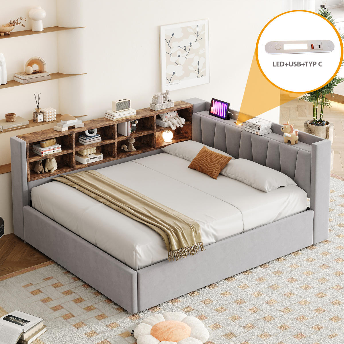 SCHLAFSOFA 140/200 cm in Hellgrau Samt mit Stauraum, LED und USB - Hellgrau, Holzwerkstoff/Textil (140/200cm) - WISHDOR