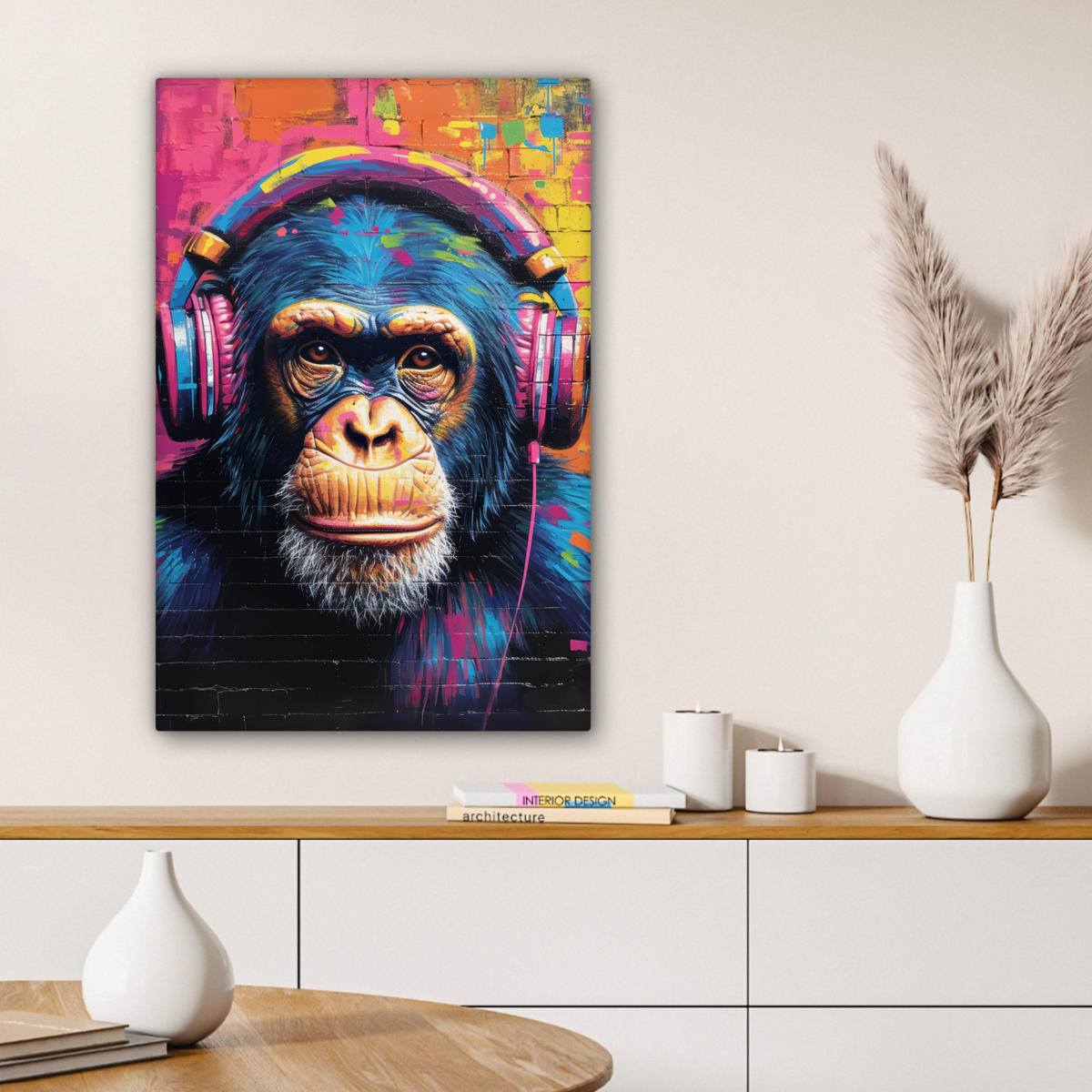 LEINWANDBILD Graffiti - Schimpanse - Straßenkunst - Kopfhörer - Affe 40x60 cm - Blau, Textil (40/60cm) - MuchoWow
