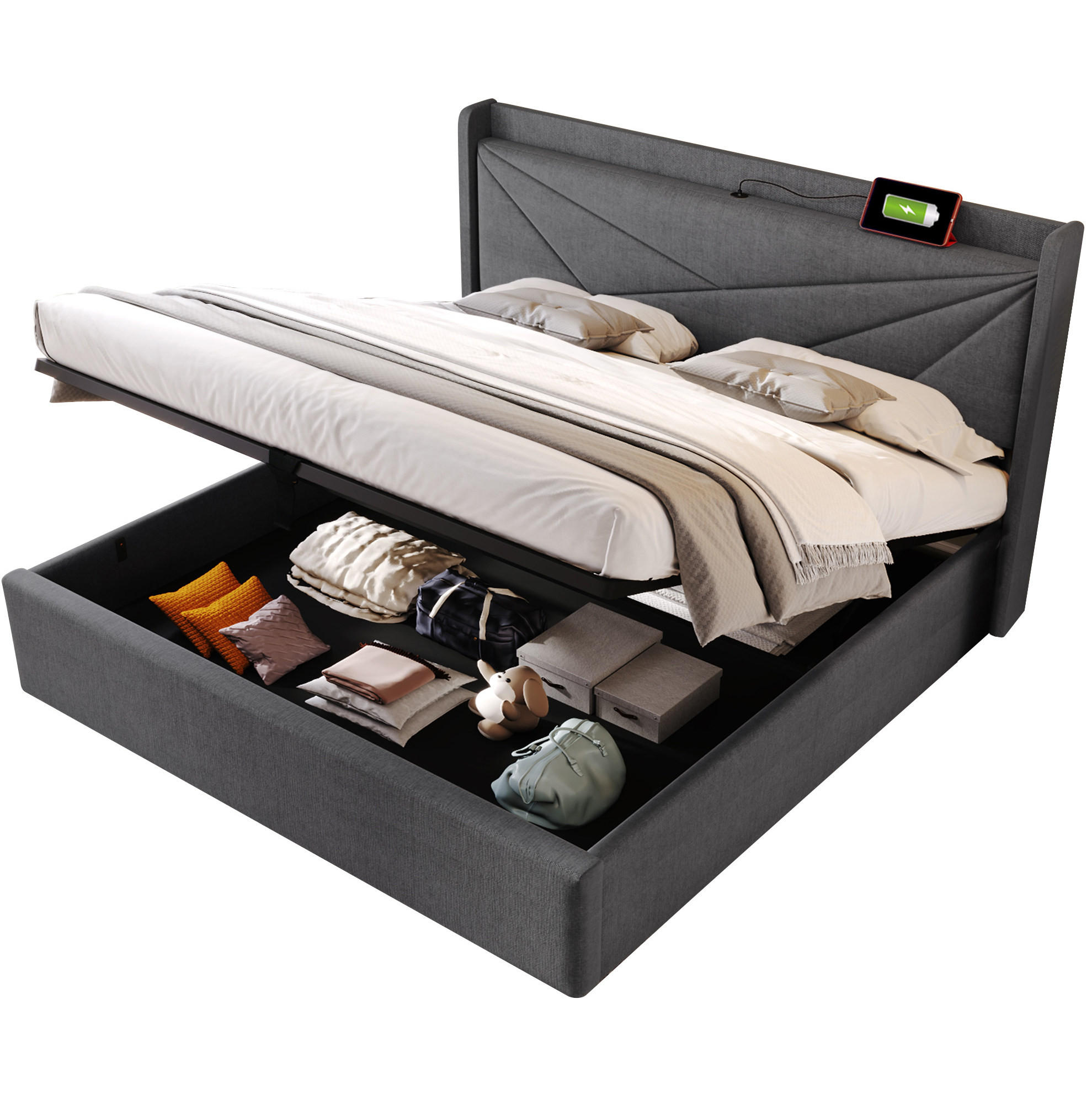 POLSTERBETT 160/200 cm mit Bettkasten, USB-C und gepolstertem Kopfteil - Grau, Textil (160/200cm) - BEAOK