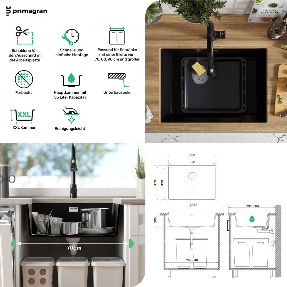 UNTERBAUSPÜLE GRANIT London, 2-er set Weiß 66/47 cm 1 Becken + Küchenarmatur 32/20 cm + Ablauf-Set ab 70er Unterschrank - Chromfarben/Weiß, Kunststoff (66/20/47cm) - Primagran