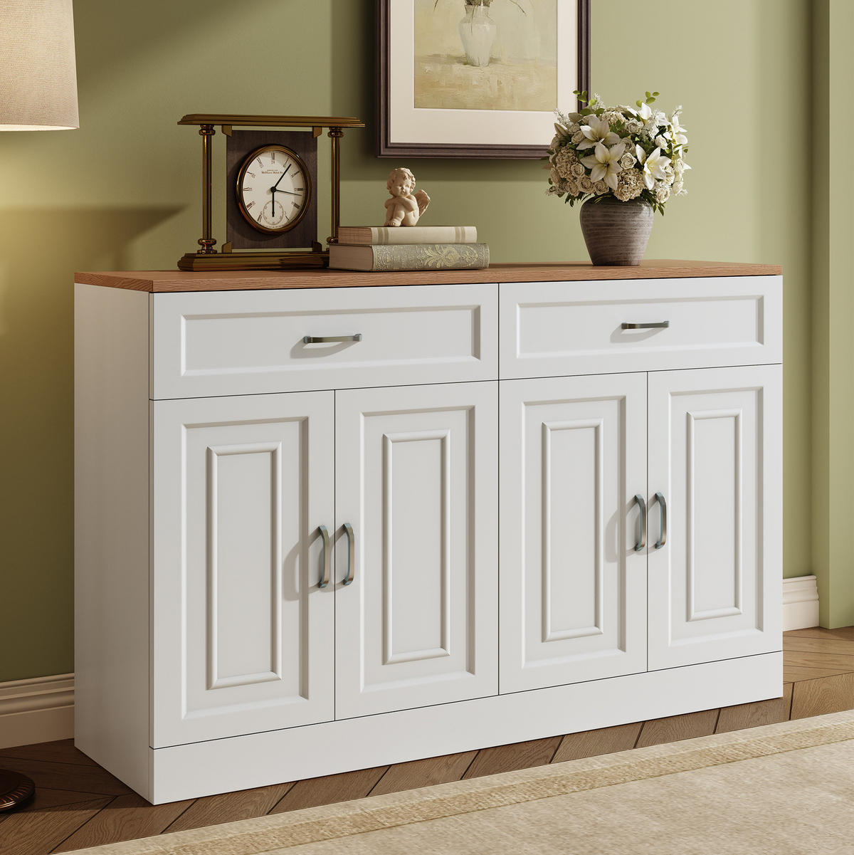 SIDEBOARD 120/35/80,5 cm mit 4 Türen & 2 Schubladen in Weiß und Holzoptik - Weiß, Holzwerkstoff (120/80.5/35cm) - BEAOK