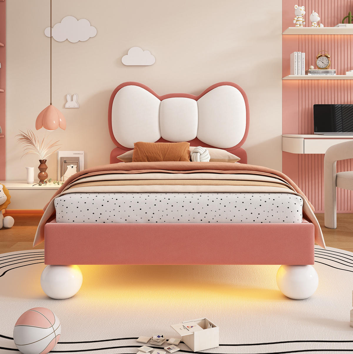 KINDERBETT 90/200 cm aus Samt mit LED-Lichtleiste und flügelförmigem Kopfteil Rosa-Beige - Rosa, Textil (90/200cm) - Modenvie