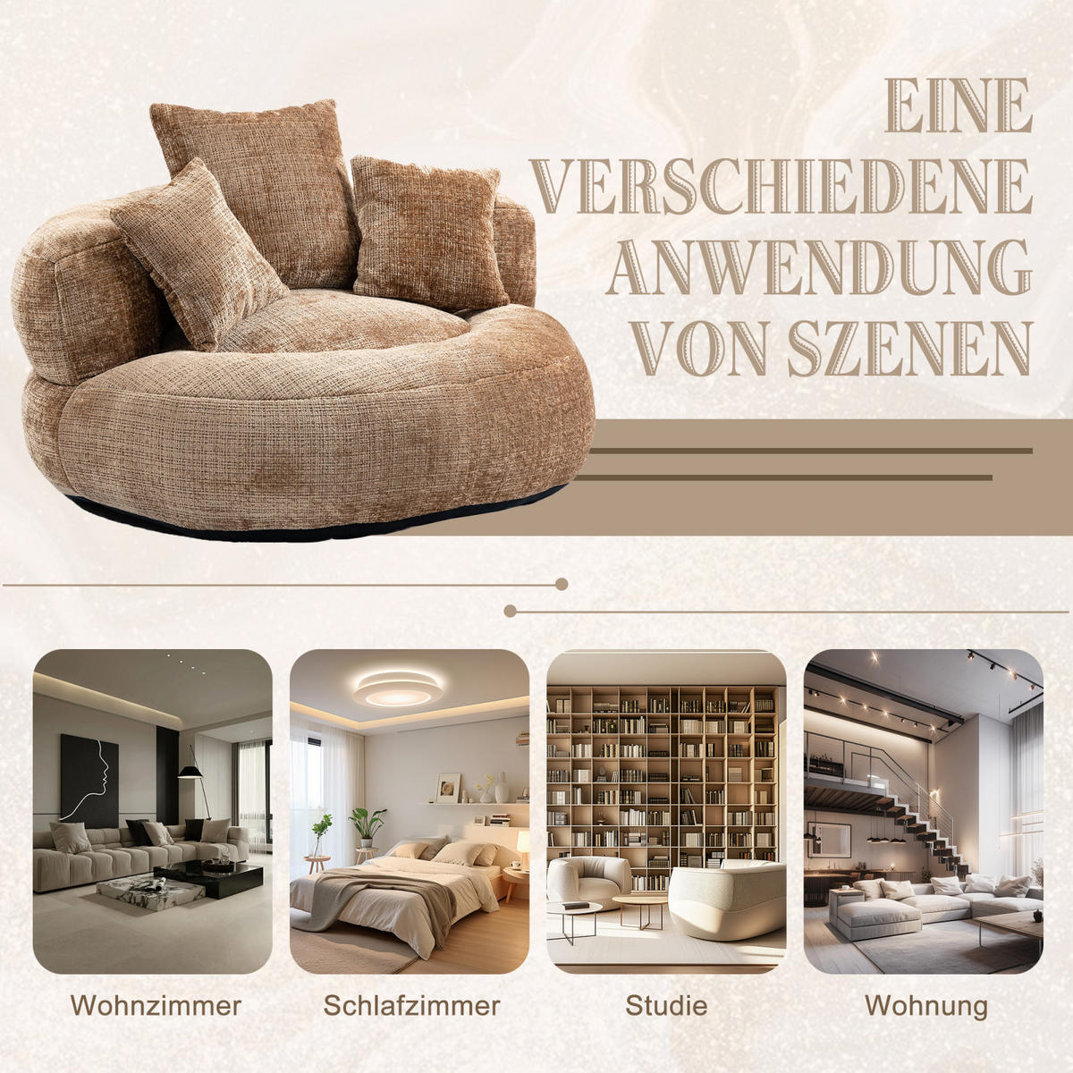 SITZSACK Sessel Chenille mit 3 Kissen bequem weich Schlafsofa Braun - Braun, Textil (108/52/108cm) - PARAFTA HOME