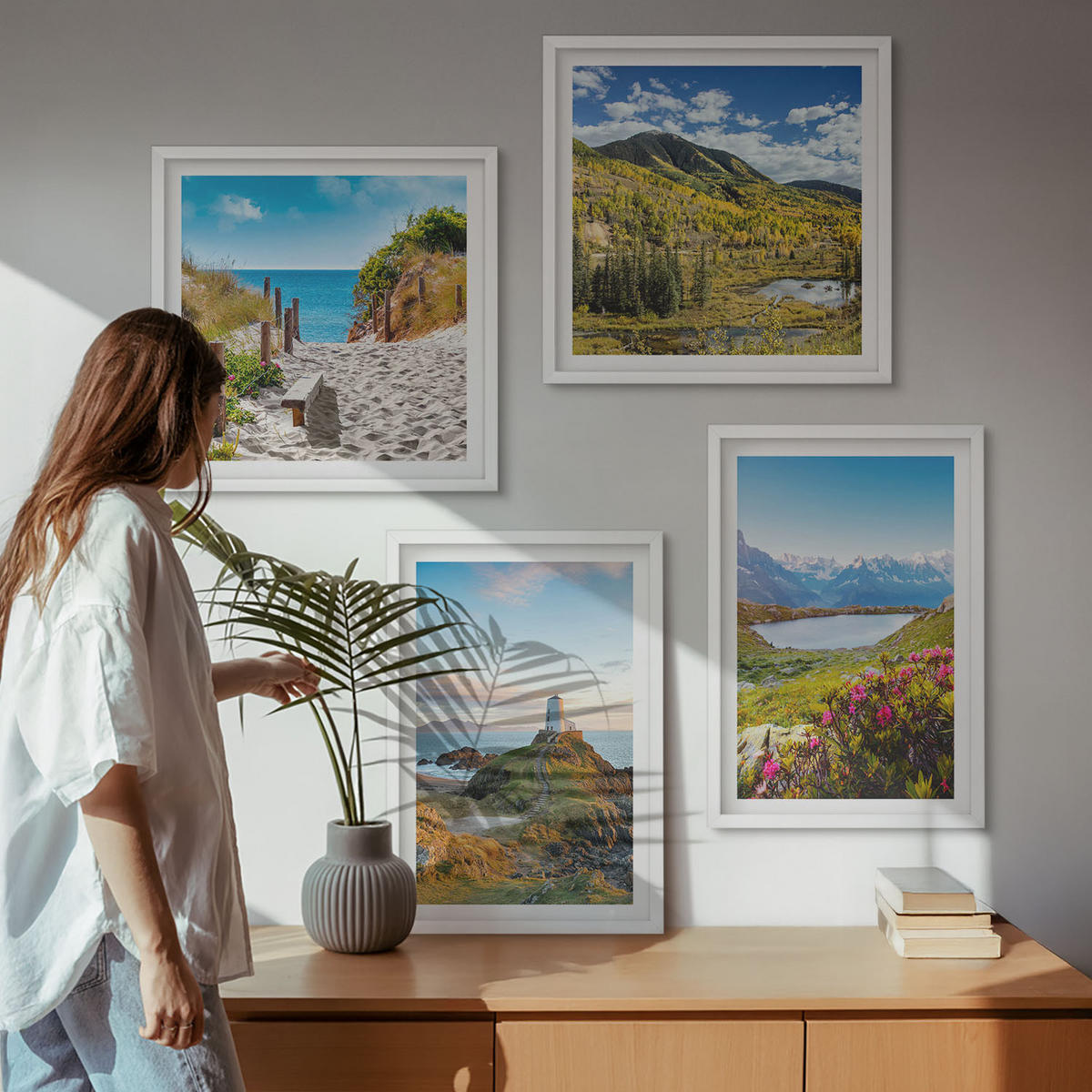 WANDBILDER 4er-Set - 50x50 cm & 40x60 cm Weißer Rahmen - Strand, Leuchtturm, Berge, Wiesen, Blumen - Weiß, Kunststoff (50/50cm) - ArtPrintCave