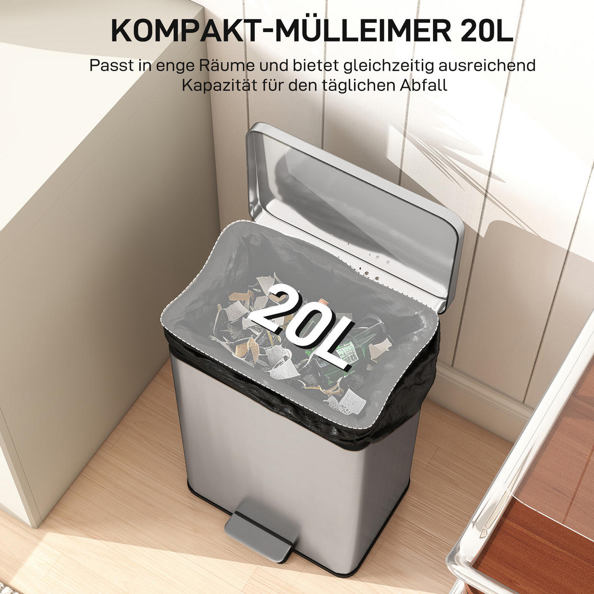 MÜLLEIMER 20 L Treteimer mit Softclose-Deckel, Pedal, Abfalleimer mit Inneneimer - Silberfarben, Metall (30.6/44.2/34.2cm) - HOMCOM