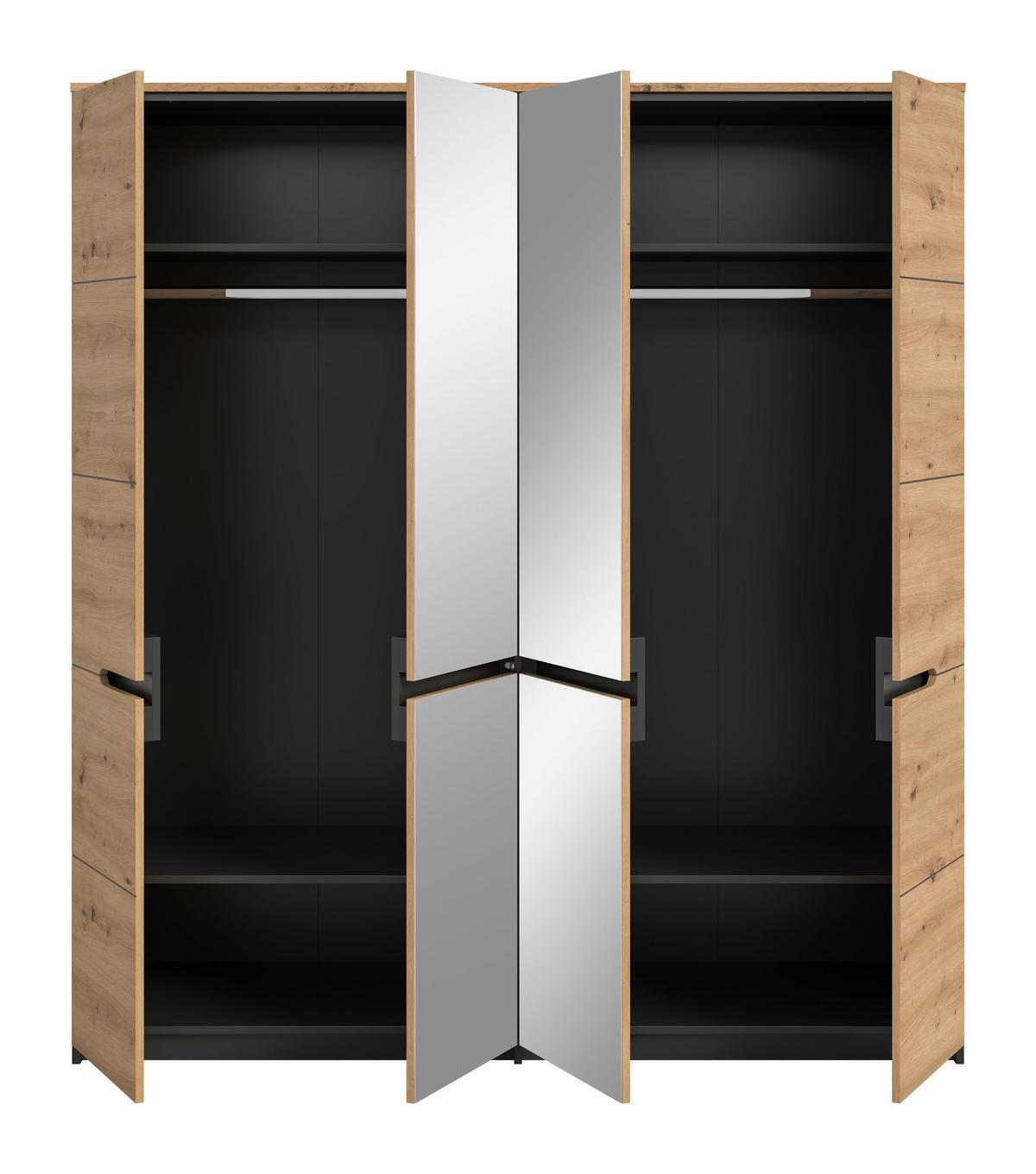 KLEIDERSCHRANK Sova 4-türig – Moderner Schrank in Eiche-Optik & Schwarz mit Stauraum und Spiegeltüren - Grau, Holzwerkstoff (180/198/59cm)