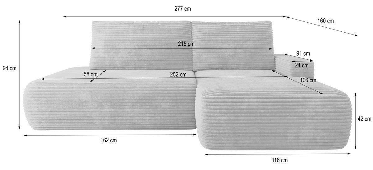 ECKSOFA AVINI T L-S Schwarz Kordstoff mit Schlaffunktion - Schwarz, Holzwerkstoff/Textil (277/160cm) - MASSENO