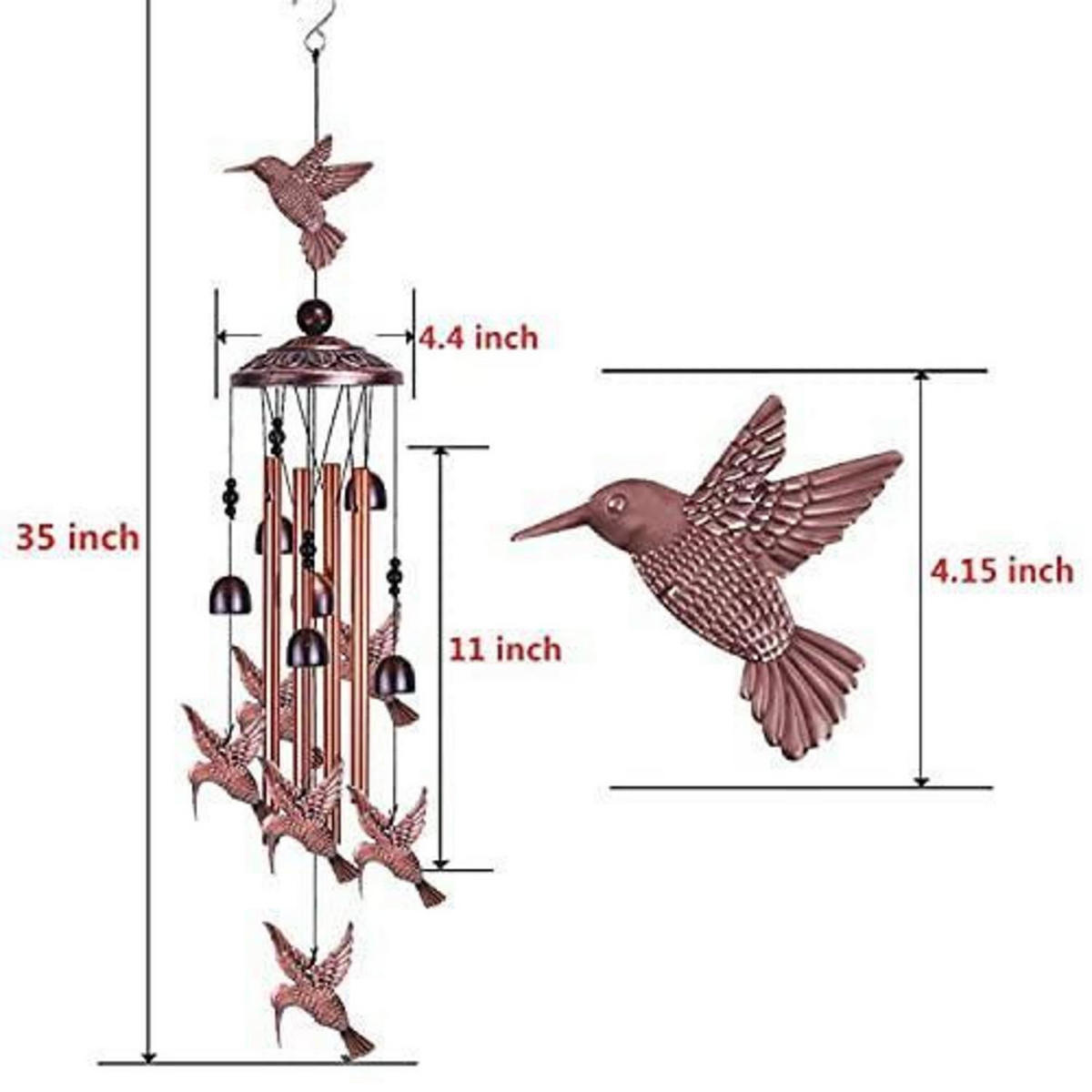 WINDSPIEL Vogel-Design Kupfer-Optik mit 4 Rohren - Bronzefarben, Metall (88.9/11.2/11.2cm)