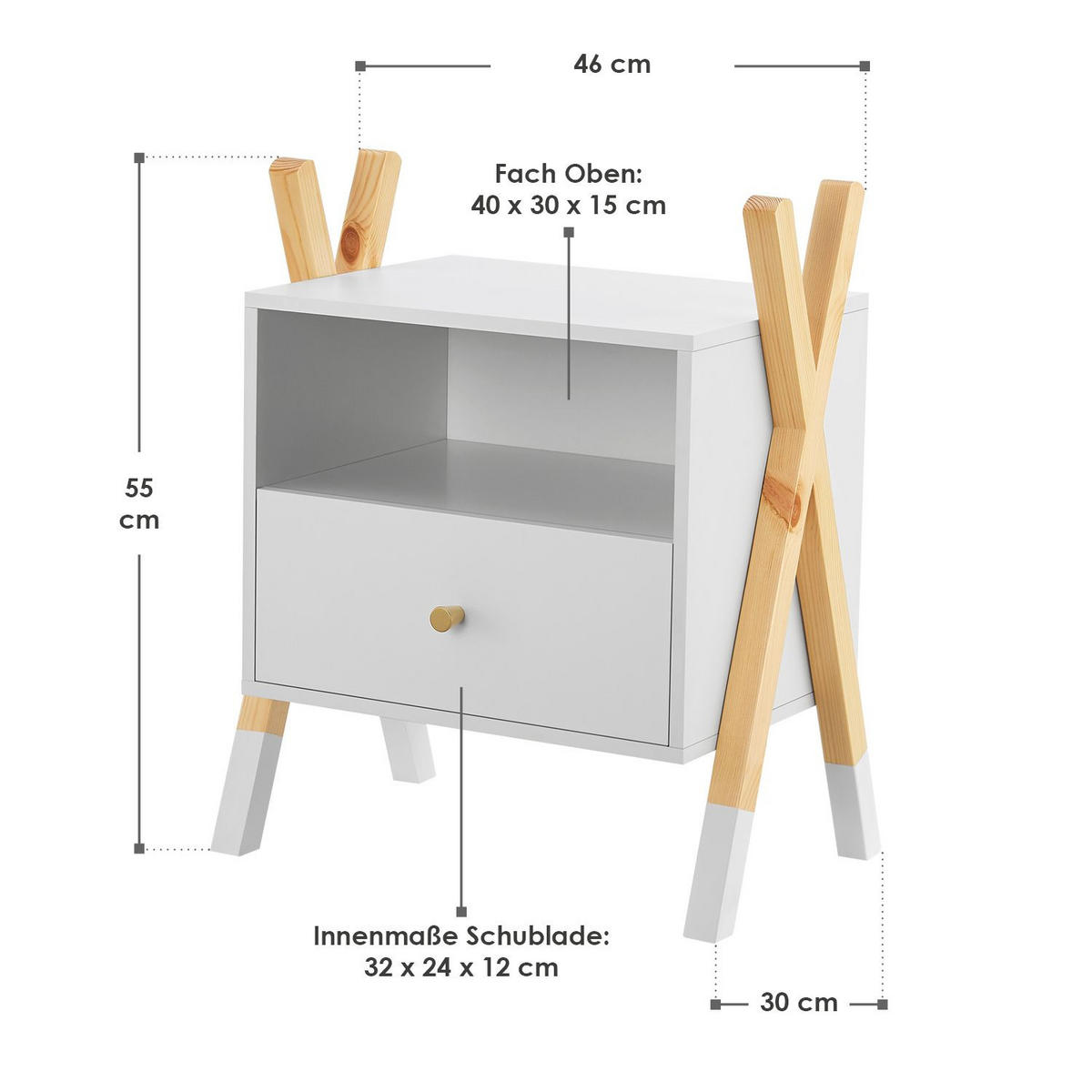 NACHTTISCH Jamie mit 1 Schublade Kinder - Weiß, Holz (30/55/46cm) - Juskys