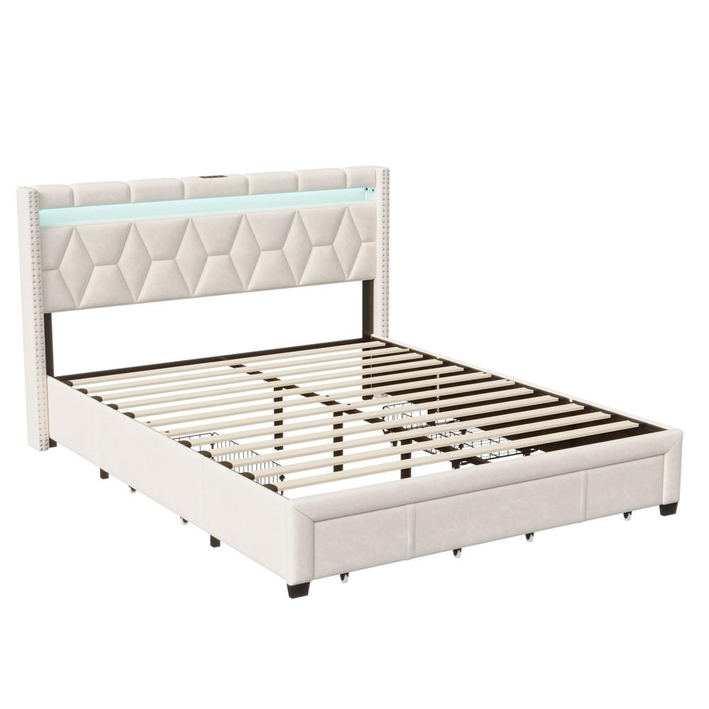 POLSTERBETT 160x200 cm - mit LED-Kopfteil, USB-Ladefunktion und 4 Schubladen - ohne Matratze - Beige - Beige, Textil (160/200cm) - DELFA