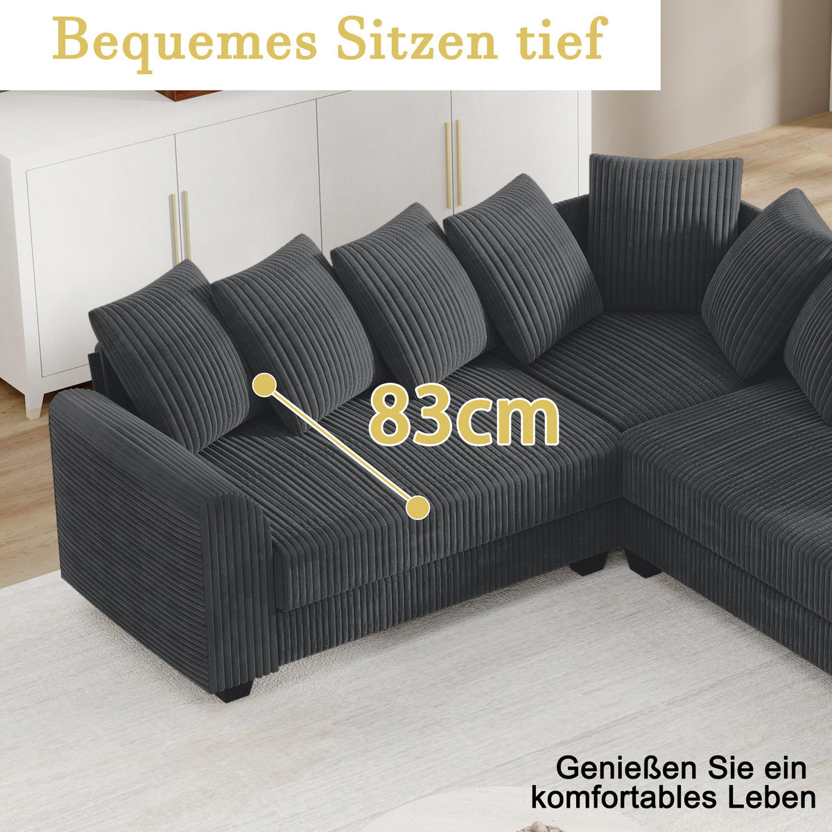 ECKSOFA L-Form Cord 83 cm Sitztiefe, 8,5 cm Füße inkl. 9 Kissen 202/202/74 cm Grau - Grau, Textil (202/202cm) - Redom