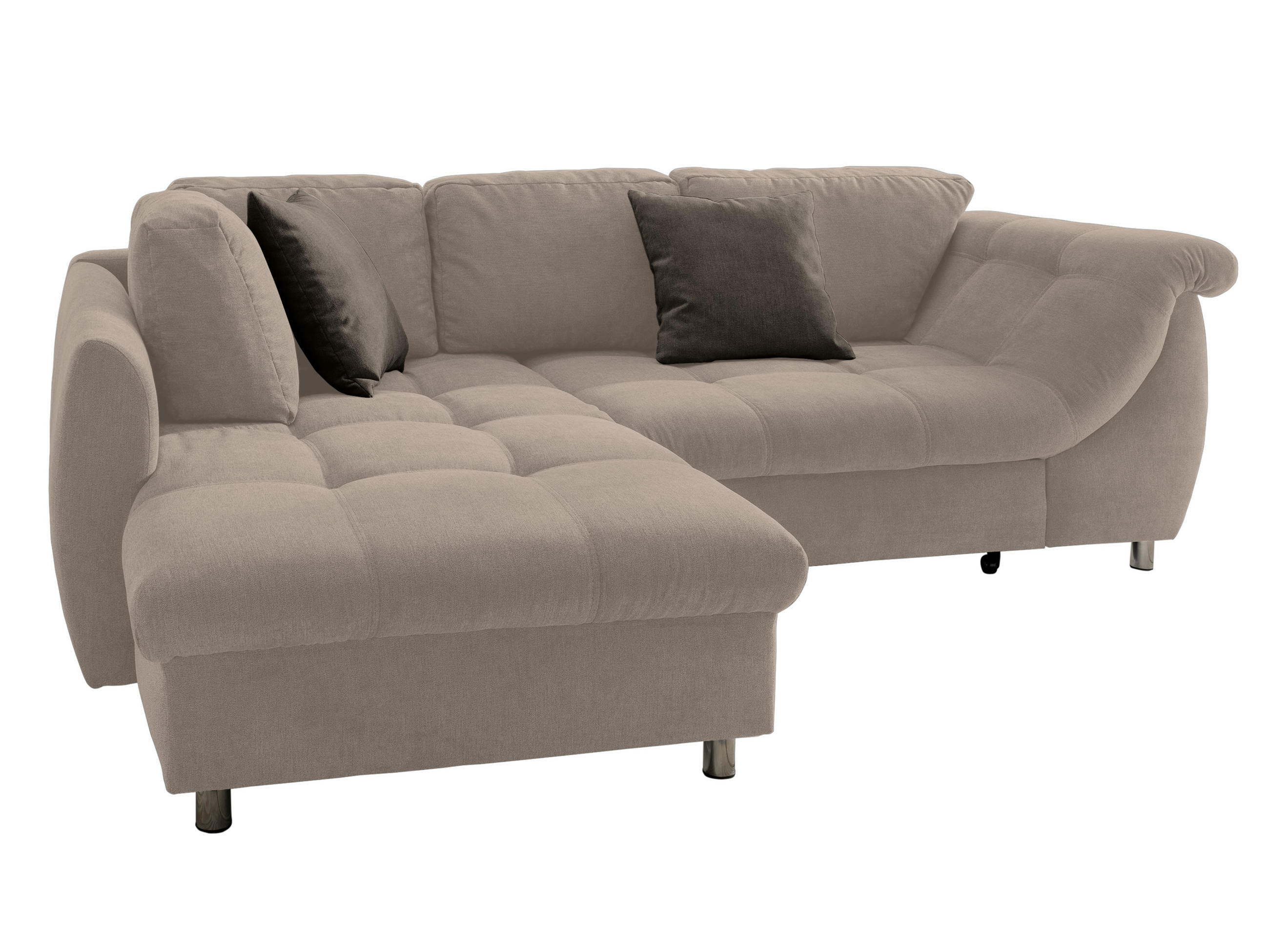 ECKSOFA mit Schlaffunktion, Bettkasten, Wellenunterfederung, Ottomane links B250/T190/H84 cm, Liegefl. 179x190 cm, Mikrofaser Hellbraun / 17010 - Hellbraun/Chromfarben, Textil/Metall (250/190cm) - luma-home