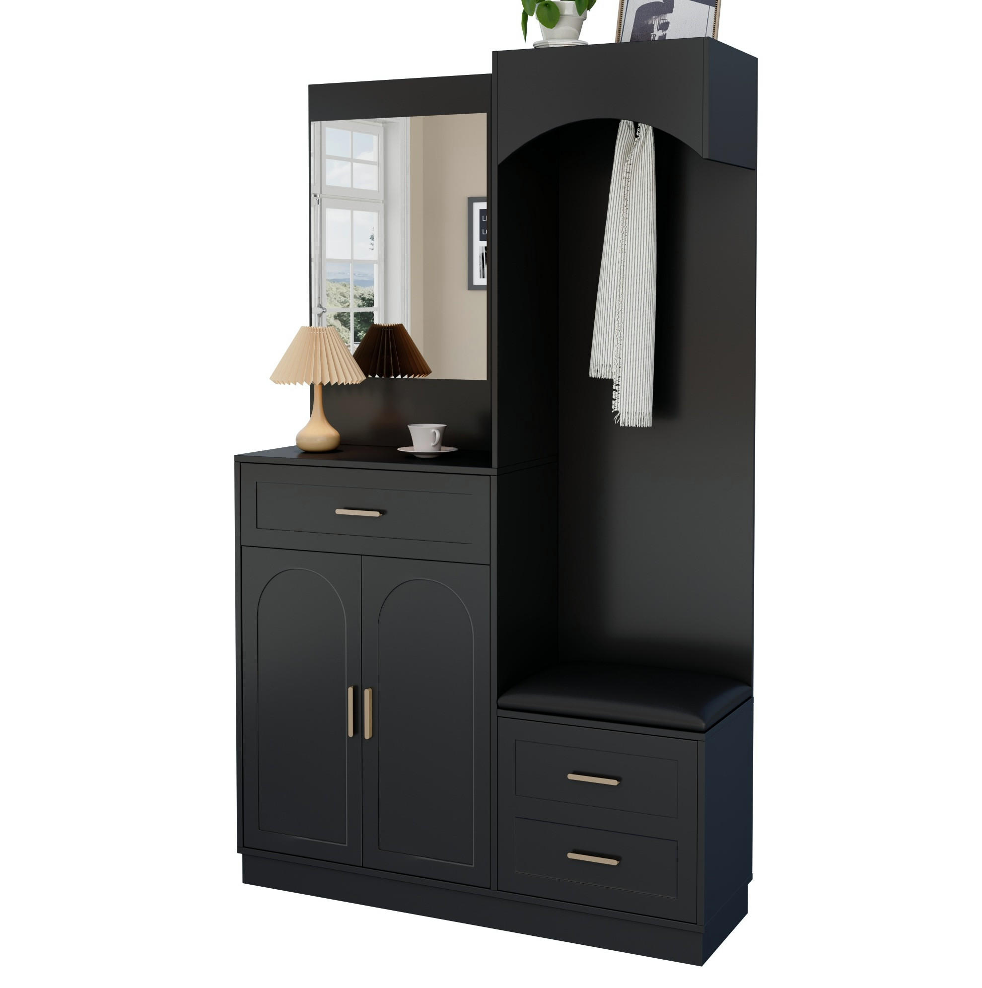 KOMPAKTGARDEROBE 110/33/185,5 cm aus MDF mit Spiegel und Schuhbank Schwarz - Schwarz, Holzwerkstoff (110/185.5/33cm) - Modenvie