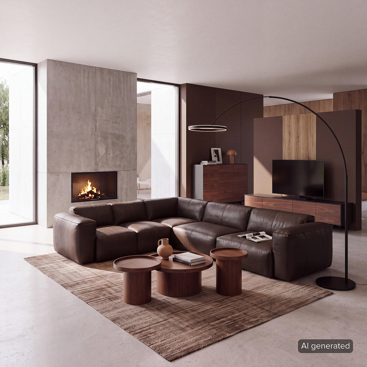 ECKSOFA mit Rundecke - Dunkelbraun/Schwarz, Leder/Kunststoff (325/260cm) - home24