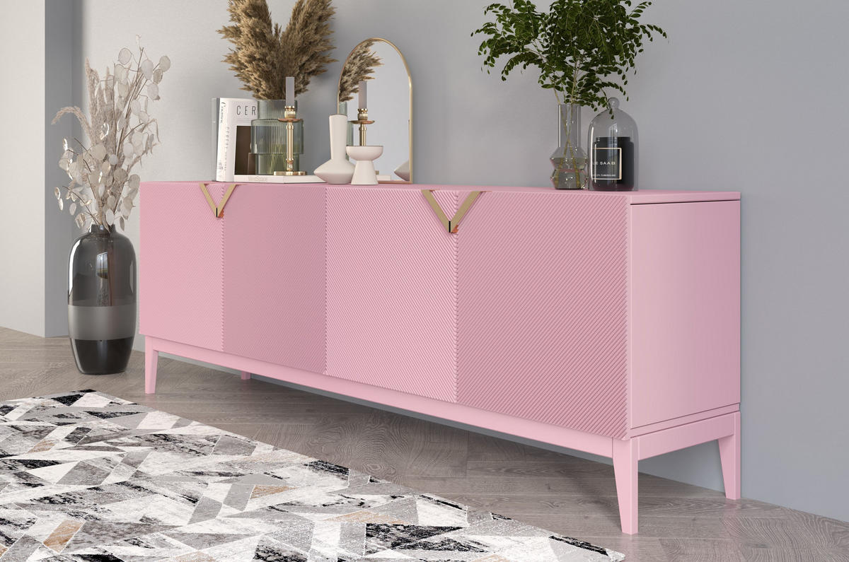 SIDEBOARD Demi Long, Pink-Gold, Mit Gefrästen Fronten, Massive Buche - Rosa, Holz/Holzwerkstoff (201.5/70/42cm) - Visby