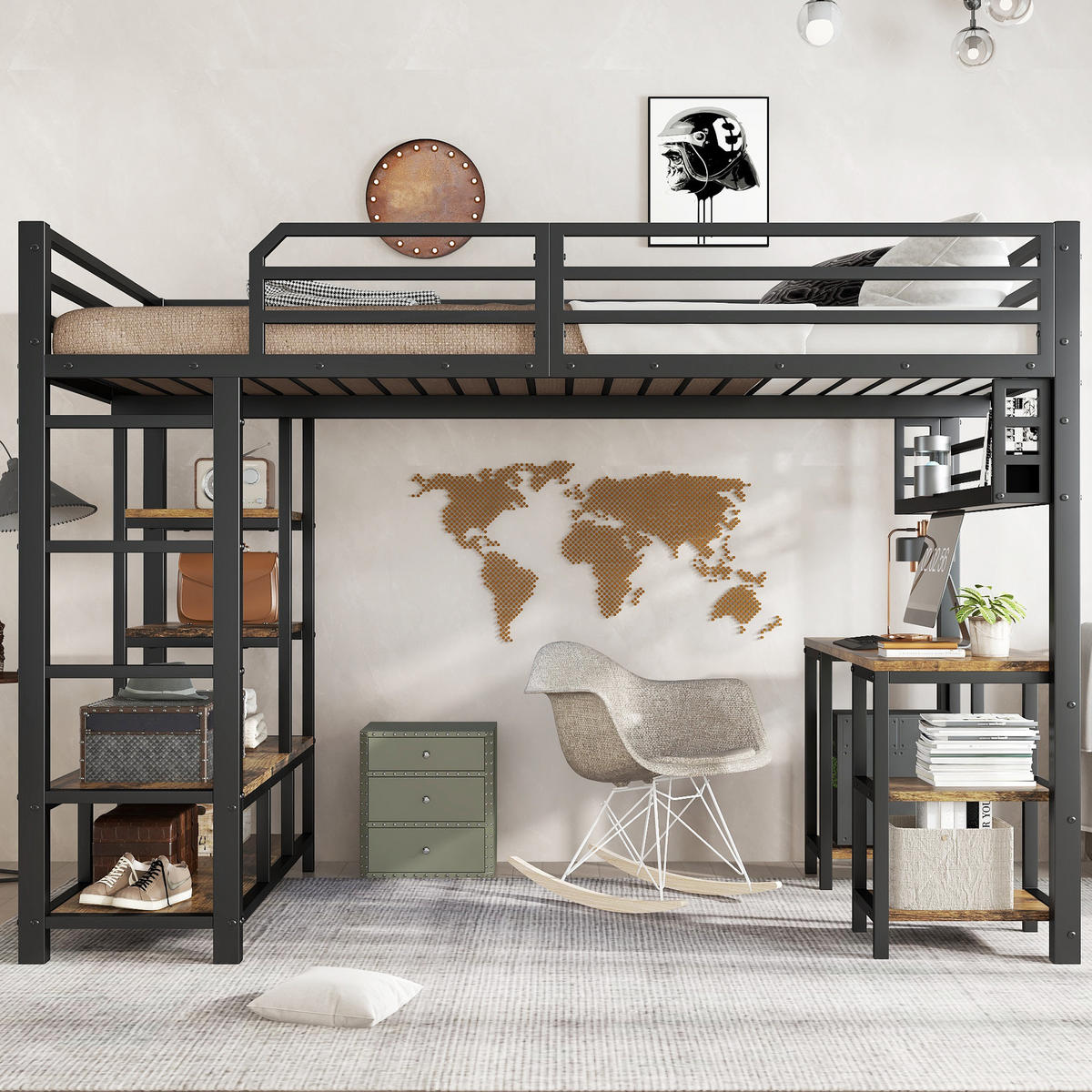 HOCHBETT mit Schreibtisch 120/200 cm in Schwarz/Dunkelwalnuss – mit Ablage und Leiter - Schwarz, Metall (120/200cm) - BEAOK