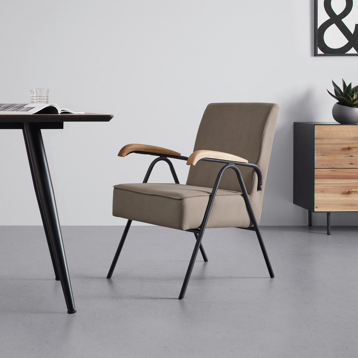 SESSEL Nati Beige Mikrofaser - Taupe, Holz (52/79/66cm) - Bessagi Home